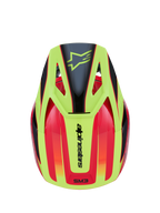 Kask Alpinestars S-M3 Fray, kask motocrossowy, czerwony, żółty fluo i czarny błyszczący, widok z góry przedstawiający dynamiczny wzór graficzny z czarnym logo gwiazdy na żółtym daszku oraz brandingiem Alpinestars z tyłu