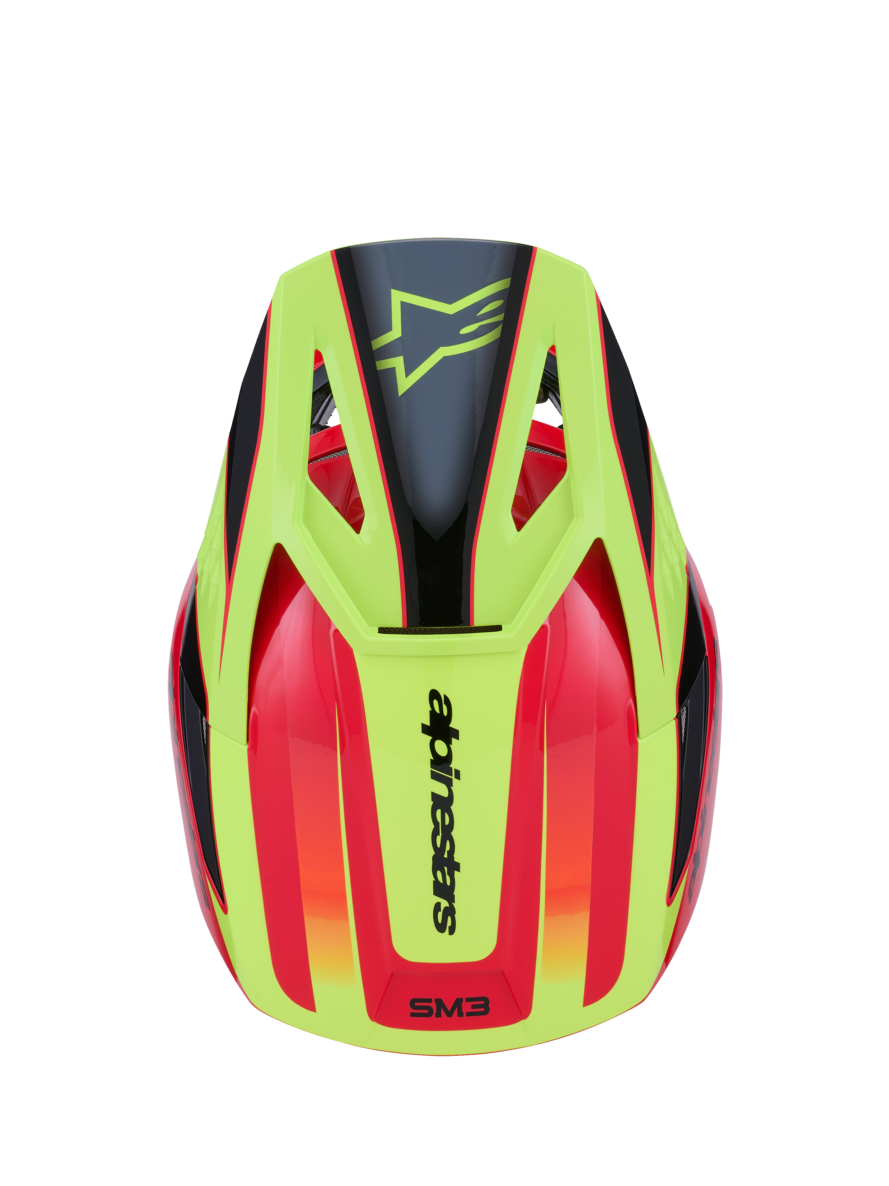 Kask Alpinestars S-M3 Fray, kask motocrossowy, czerwony, żółty fluo i czarny błyszczący, widok z góry przedstawiający dynamiczny wzór graficzny z czarnym logo gwiazdy na żółtym daszku oraz brandingiem Alpinestars z tyłu