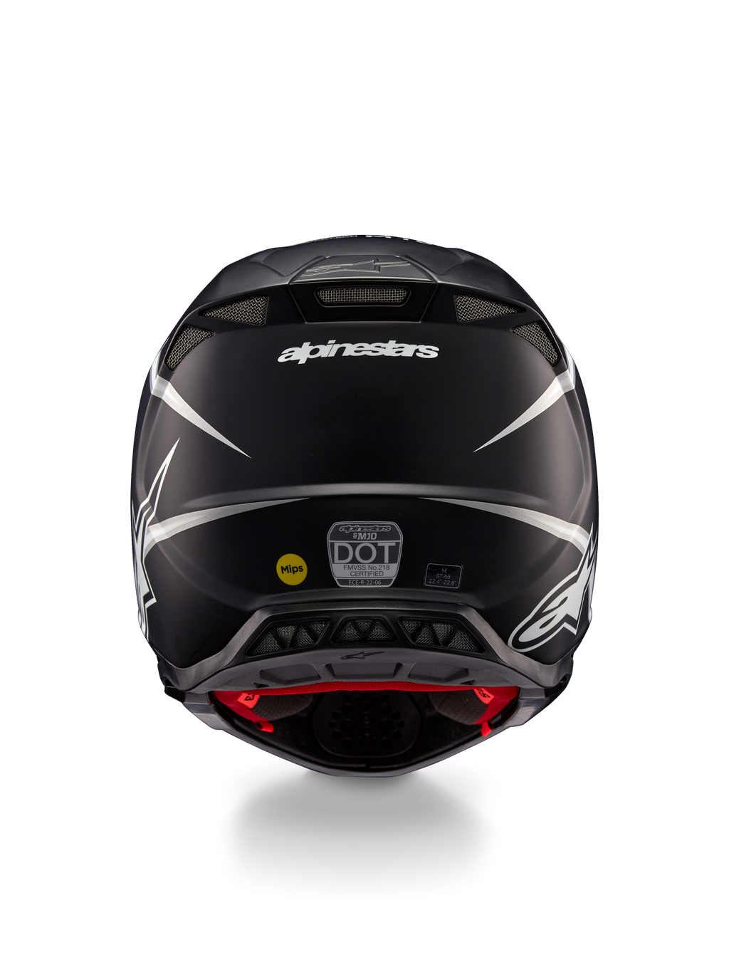 Kask Alpinestars Supertech M10 Ampress, kask motocrossowy, czarno-biały matowy, widok z tyłu przedstawiający logo Alpinestars i naklejki certyfikacyjne, aerodynamiczny design ze zintegrowanymi wylotami powietrza