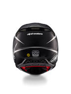 Kask Alpinestars Supertech M10 Ampress, kask motocrossowy, czarno-biały matowy, widok z tyłu przedstawiający logo Alpinestars i naklejki certyfikacyjne, aerodynamiczny design ze zintegrowanymi wylotami powietrza