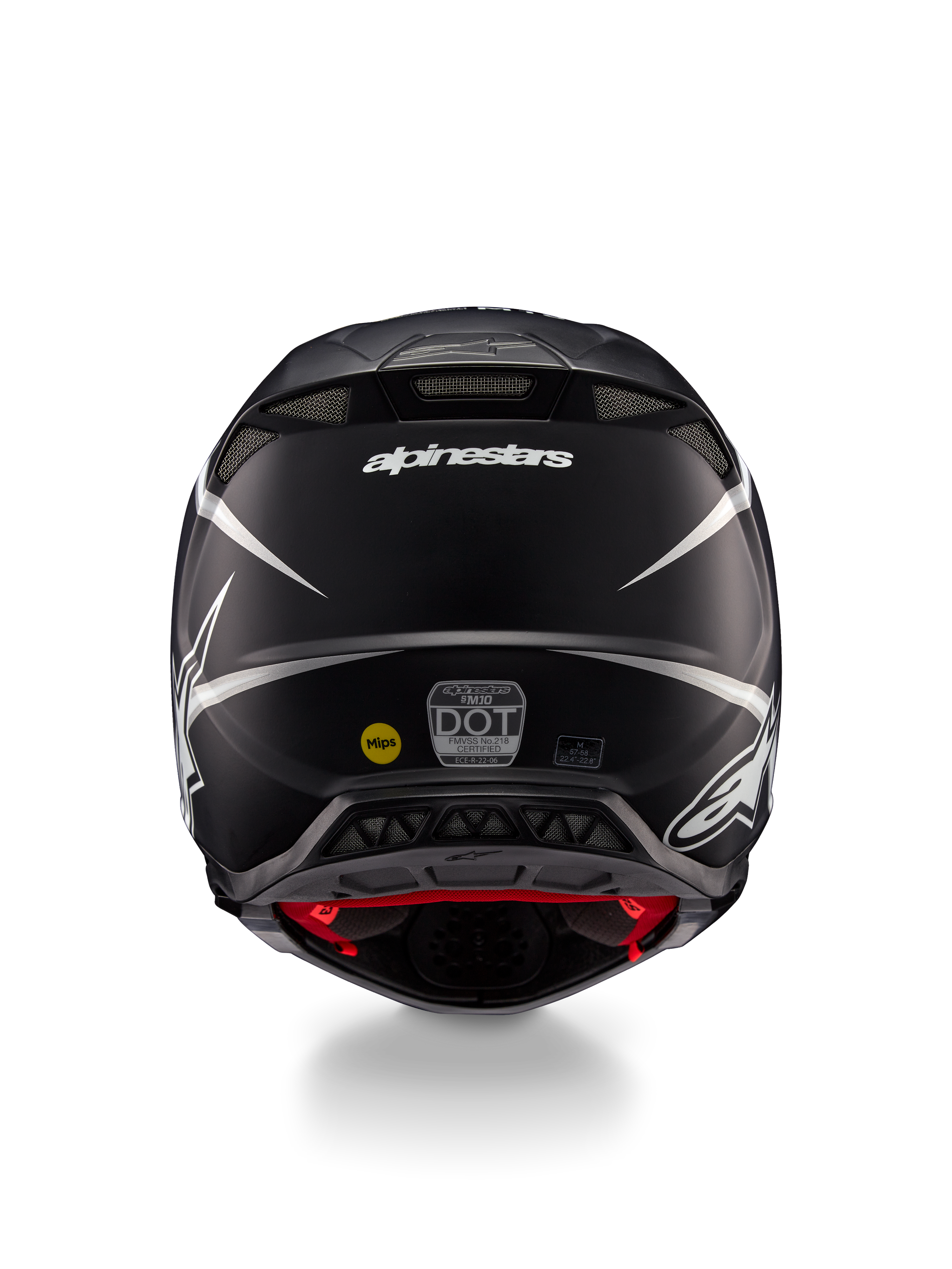 Kask Alpinestars Supertech M10 Ampress, kask motocrossowy, czarno-biały matowy, widok z tyłu przedstawiający logo Alpinestars i naklejki certyfikacyjne, aerodynamiczny design ze zintegrowanymi wylotami powietrza
