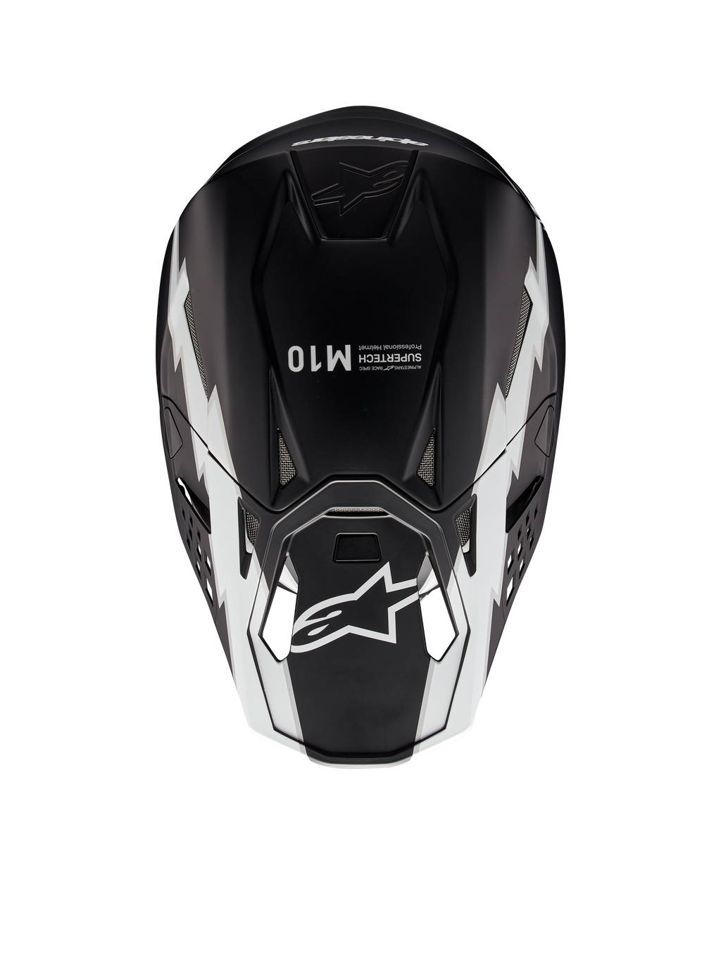 Kask Alpinestars Supertech M10 Ampress, kask motocrossowy, czarno-biały matowy, widok z góry przedstawiający białe geometryczne grafiki, logo A-star na daszku i branding Supertech M10 na górze skorupy, aerodynamiczna konstrukcja off-road