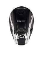 Kask Alpinestars Supertech M10 Ampress, kask motocrossowy, czarno-biały matowy, widok z góry przedstawiający białe geometryczne grafiki, logo A-star na daszku i branding Supertech M10 na górze skorupy, aerodynamiczna konstrukcja off-road
