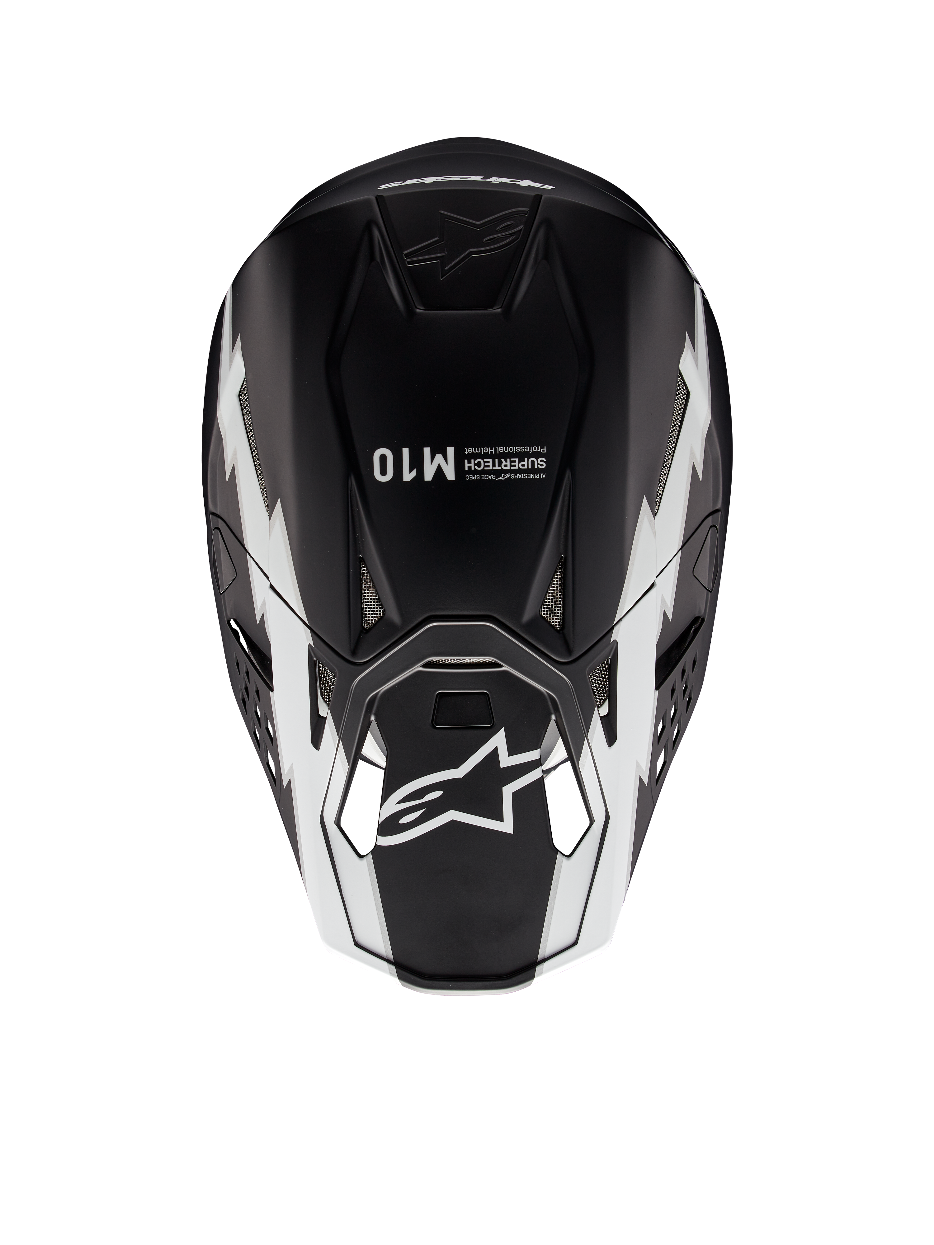 Kask Alpinestars Supertech M10 Ampress, kask motocrossowy, czarno-biały matowy, widok z góry przedstawiający białe geometryczne grafiki, logo A-star na daszku i branding Supertech M10 na górze skorupy, aerodynamiczna konstrukcja off-road