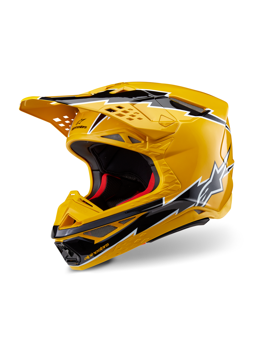 Kask Alpinestars Supertech M10 Ampress, kask motocrossowy, żółty i czarny błyszczący, z grafiką w kształcie błyskawic, wentylowany daszek i aerodynamiczny design, wysokiej klasy ochrona off-road
