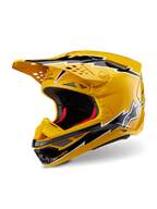 Kask Alpinestars Supertech M10 Ampress, kask motocrossowy, żółty i czarny błyszczący, z grafiką w kształcie błyskawic, wentylowany daszek i aerodynamiczny design, wysokiej klasy ochrona off-road