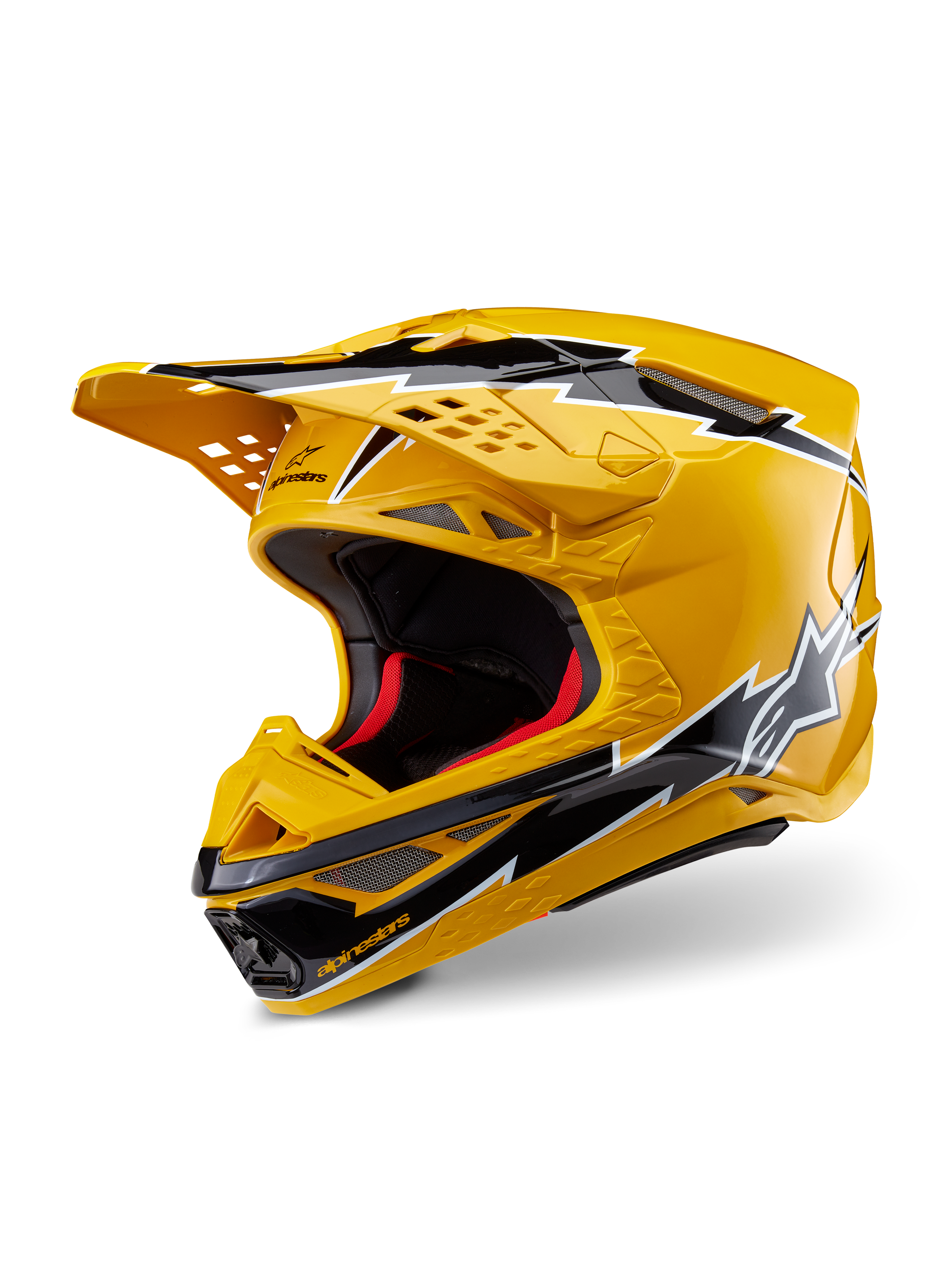 Kask Alpinestars Supertech M10 Ampress, kask motocrossowy, żółty i czarny błyszczący, z grafiką w kształcie błyskawic, wentylowany daszek i aerodynamiczny design, wysokiej klasy ochrona off-road