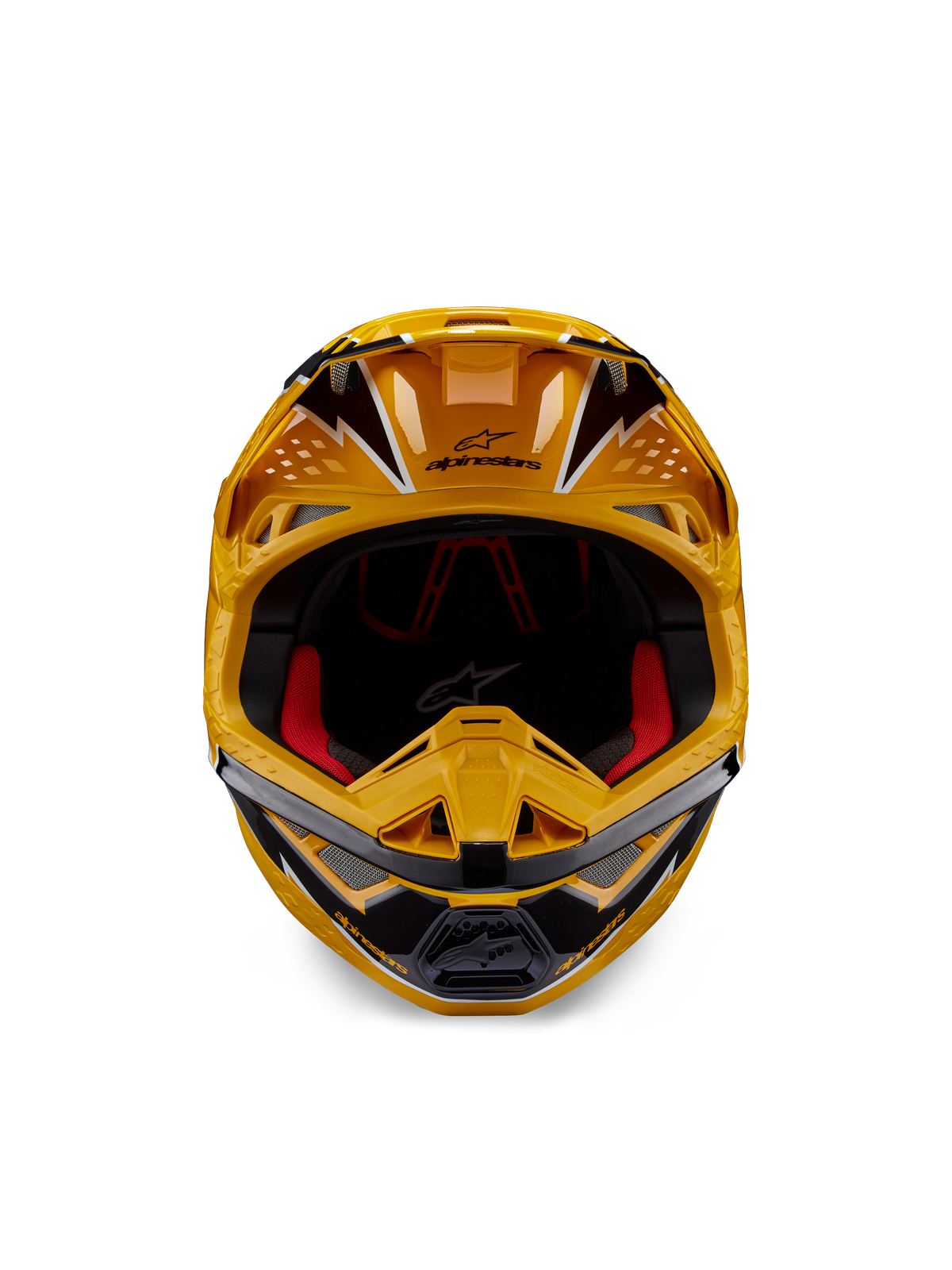 Kask Alpinestars Supertech M10 Ampress, kask motocrossowy, żółto-czarny błyszczący, widok z przodu z wyrazistymi, kanciastymi grafikami, logo Alpinestars na daszku, czerwona wyściółka, aerodynamiczna skorupa do profesjonalnych wyścigów