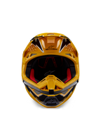 Kask Alpinestars Supertech M10 Ampress, kask motocrossowy, żółto-czarny błyszczący, widok z przodu z wyrazistymi, kanciastymi grafikami, logo Alpinestars na daszku, czerwona wyściółka, aerodynamiczna skorupa do profesjonalnych wyścigów