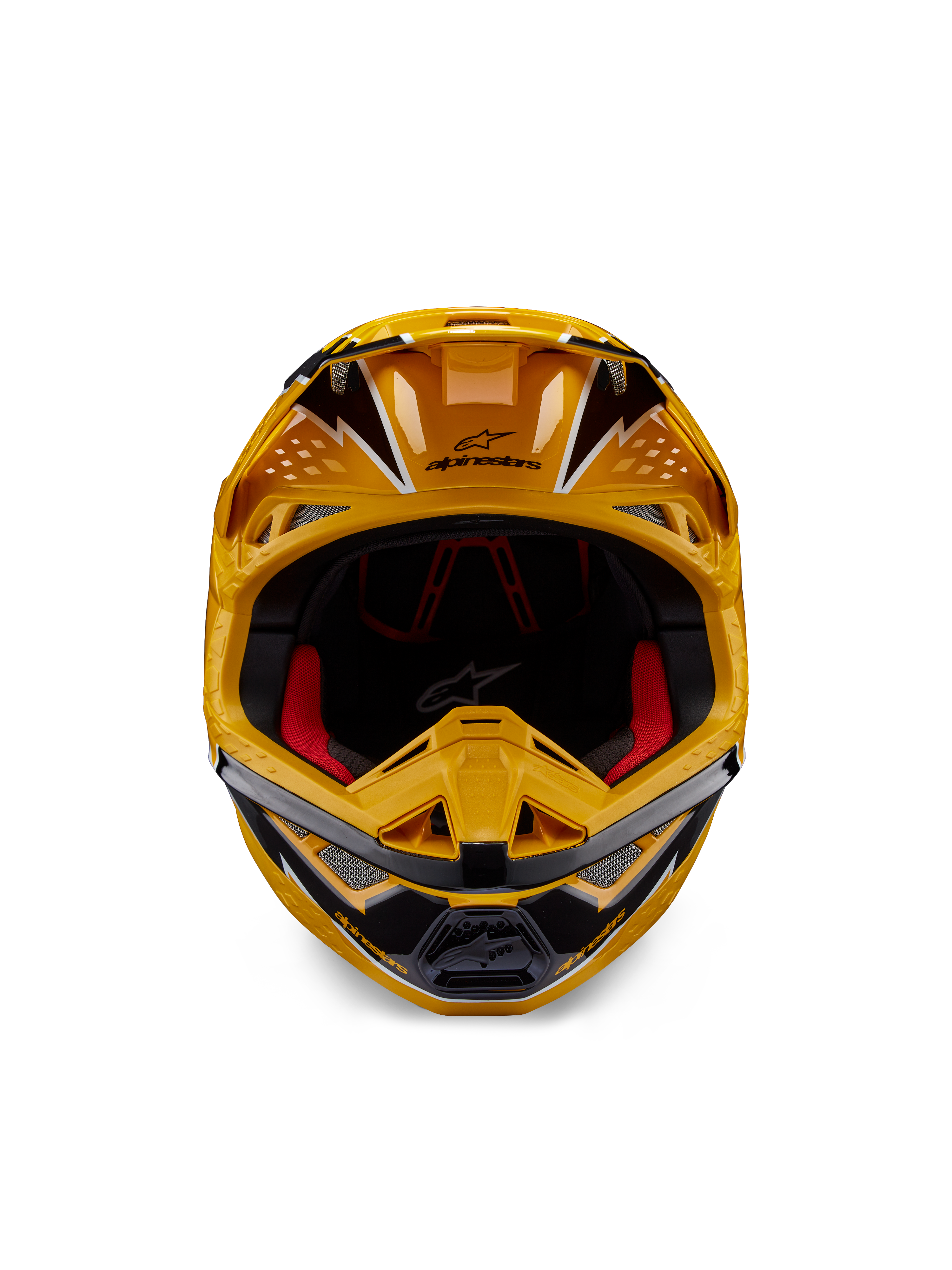 Kask Alpinestars Supertech M10 Ampress, kask motocrossowy, żółto-czarny błyszczący, widok z przodu z wyrazistymi, kanciastymi grafikami, logo Alpinestars na daszku, czerwona wyściółka, aerodynamiczna skorupa do profesjonalnych wyścigów