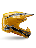 Kask Alpinestars Supertech M10 Ampress, kask motocrossowy, żółto-czarny błyszczący, profil boczny prezentujący wyraźne czarno-białe grafiki błyskawic, logo gwiazdy Alpinestars, aerodynamiczny design ze zintegrowanymi otworami wentylacyjnymi i regulowanym daszkiem.
