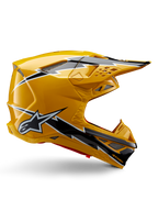 Kask Alpinestars Supertech M10 Ampress, kask motocrossowy, żółto-czarny błyszczący, profil boczny prezentujący wyraźne czarno-białe grafiki błyskawic, logo gwiazdy Alpinestars, aerodynamiczny design ze zintegrowanymi otworami wentylacyjnymi i regulowanym daszkiem.