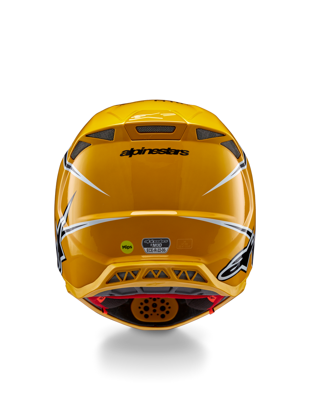 Kask Alpinestars Supertech M10 Ampress, widok z tyłu, błyszczący żółty z czarnymi i białymi akcentami, tylne otwory wentylacyjne, naklejki MIPS i ECE 22.06, profesjonalna ochrona głowy do motocrossu