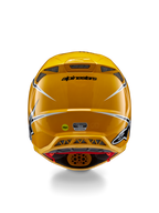 Kask Alpinestars Supertech M10 Ampress, widok z tyłu, błyszczący żółty z czarnymi i białymi akcentami, tylne otwory wentylacyjne, naklejki MIPS i ECE 22.06, profesjonalna ochrona głowy do motocrossu