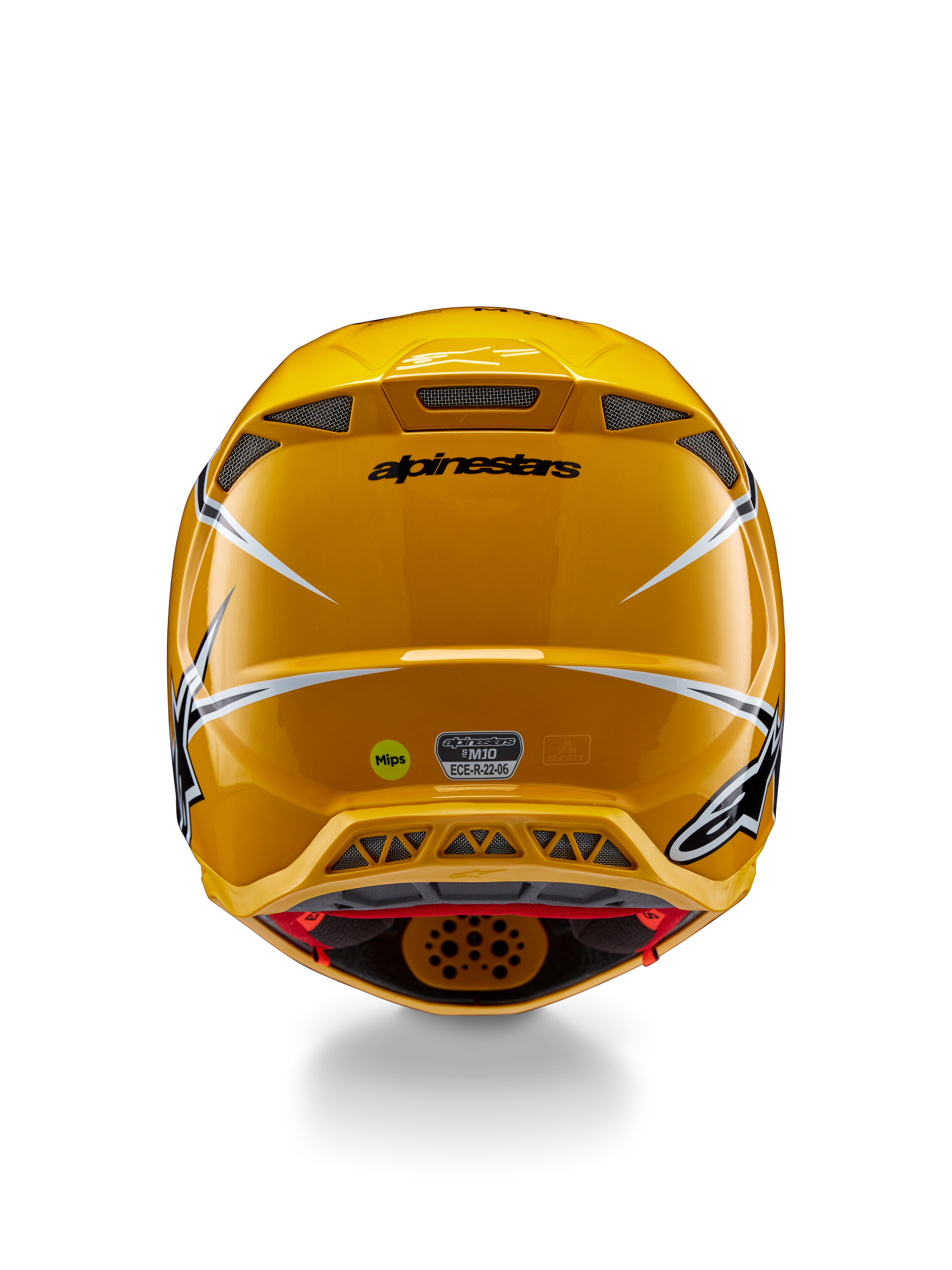 Kask Alpinestars Supertech M10 Ampress, widok z tyłu, błyszczący żółty z czarnymi i białymi akcentami, tylne otwory wentylacyjne, naklejki MIPS i ECE 22.06, profesjonalna ochrona głowy do motocrossu