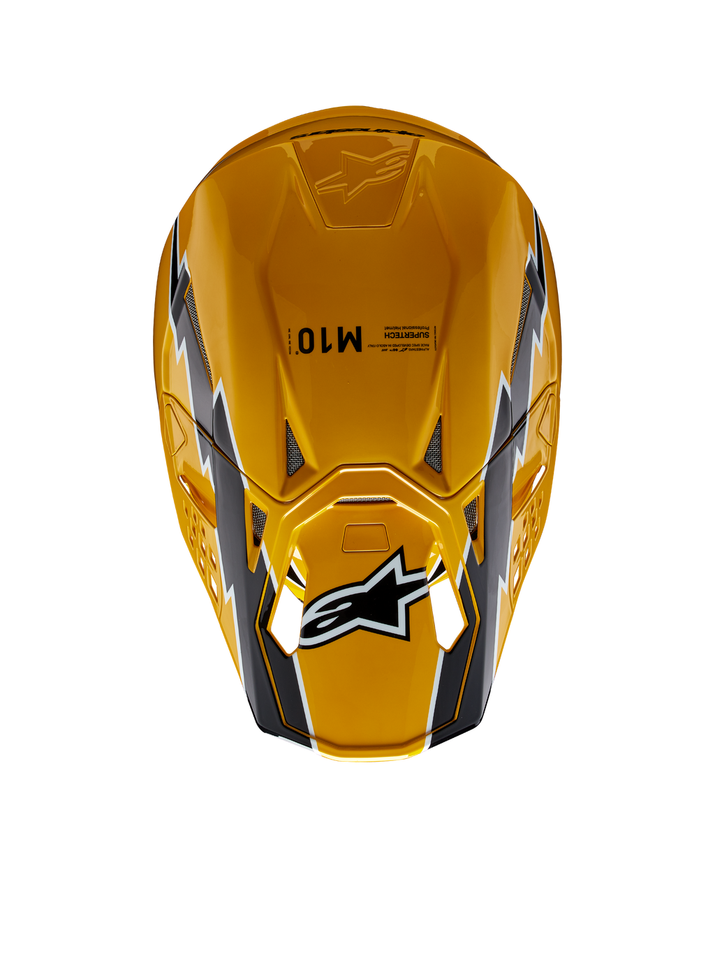 Kask Alpinestars Supertech M10 Ampress, kask motocrossowy, czarno-żółty z połyskiem, widok z góry przedstawiający błyszczące żółte wykończenie z czarno-białą grafiką, logo Alpinestars na daszku, aerodynamiczna skorupa z otworami wentylacyjnymi.