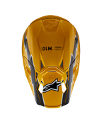 Kask Alpinestars Supertech M10 Ampress, kask motocrossowy, czarno-żółty z połyskiem, widok z góry przedstawiający błyszczące żółte wykończenie z czarno-białą grafiką, logo Alpinestars na daszku, aerodynamiczna skorupa z otworami wentylacyjnymi.