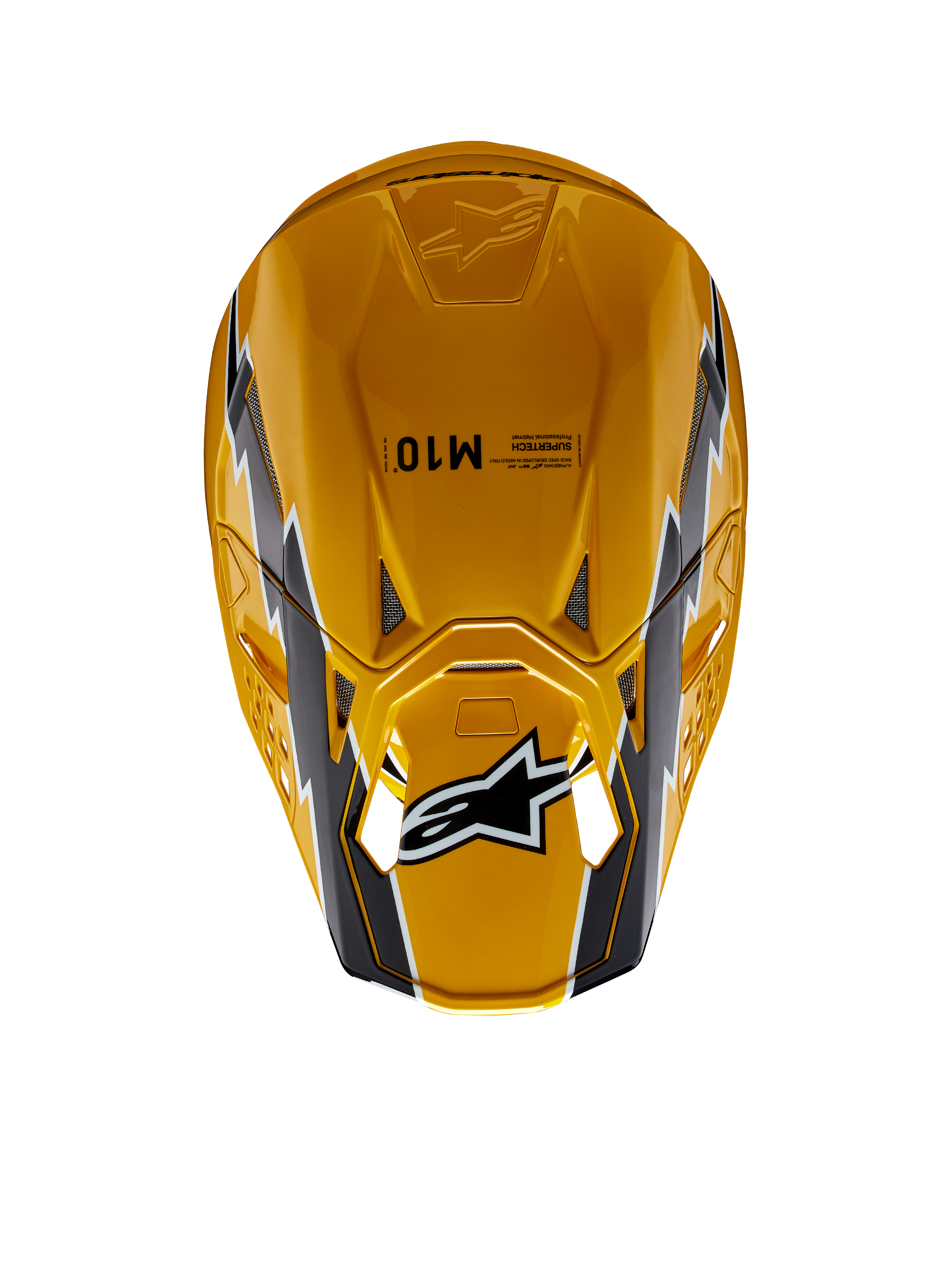 Kask Alpinestars Supertech M10 Ampress, kask motocrossowy, czarno-żółty z połyskiem, widok z góry przedstawiający błyszczące żółte wykończenie z czarno-białą grafiką, logo Alpinestars na daszku, aerodynamiczna skorupa z otworami wentylacyjnymi.