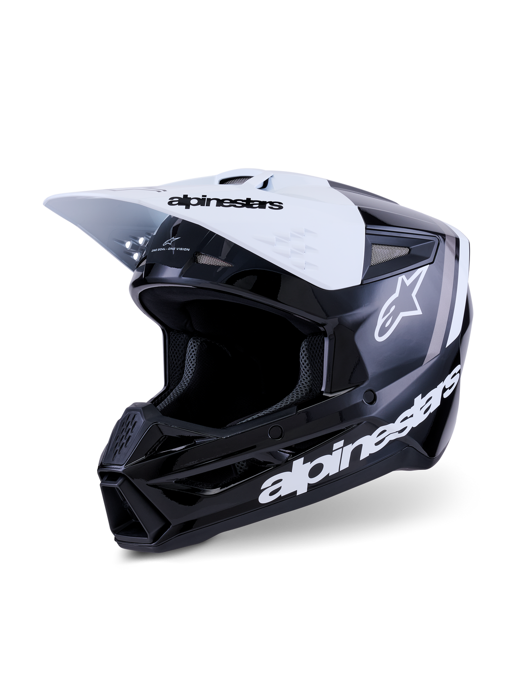 Kask Alpinestars S-M3 Radium, kask motocrossowy, czarno-biało-szary z połyskiem, z białym daszkiem z czarnym logo marki, błyszczącą czarną skorupą z wyraźnymi białymi logotypami Alpinestars i szarymi akcentami graficznymi, aerodynamiczny design do wyścigów off-road
