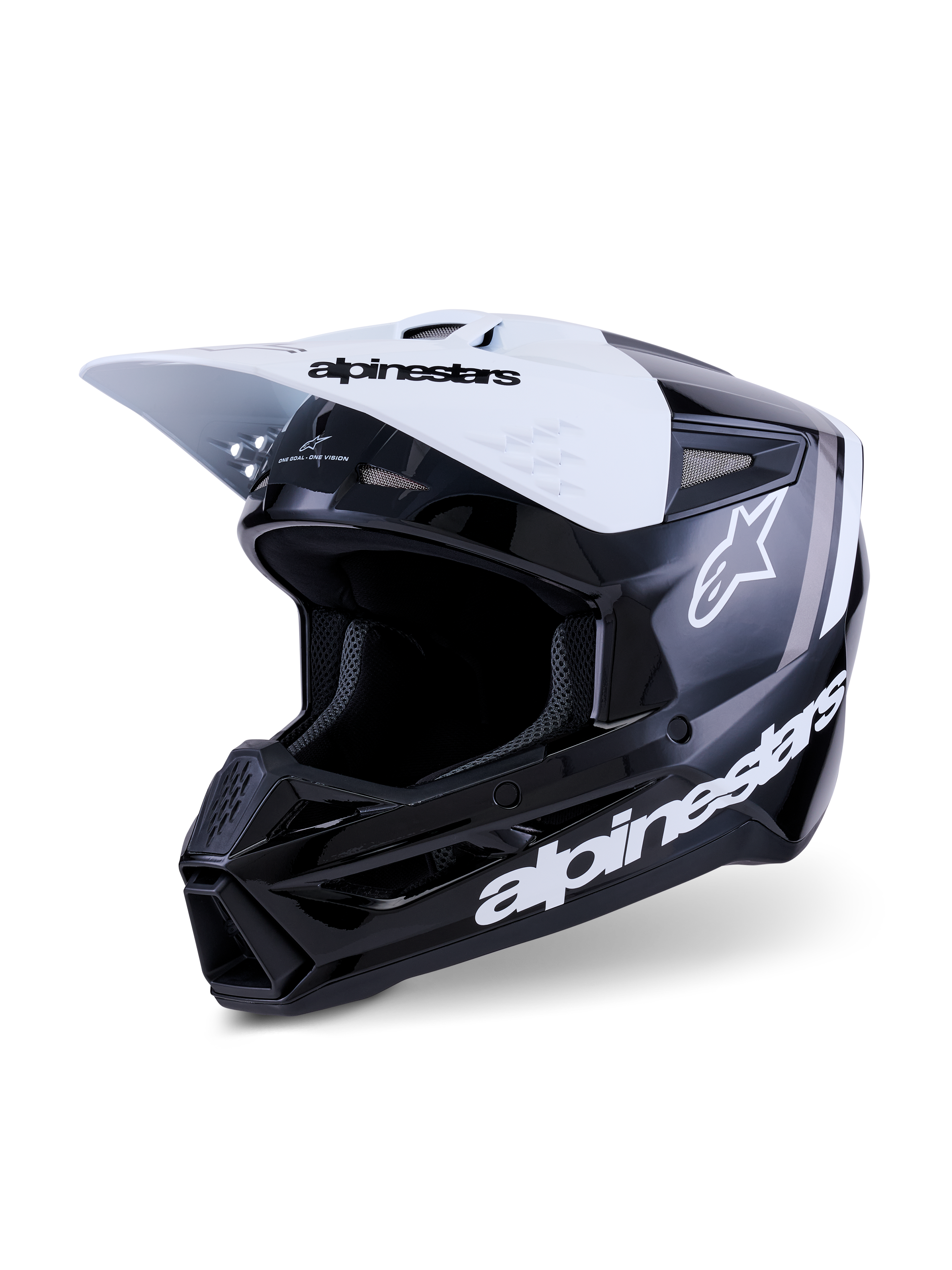 Kask Alpinestars S-M3 Radium, kask motocrossowy, czarno-biało-szary z połyskiem, z białym daszkiem z czarnym logo marki, błyszczącą czarną skorupą z wyraźnymi białymi logotypami Alpinestars i szarymi akcentami graficznymi, aerodynamiczny design do wyścigów off-road