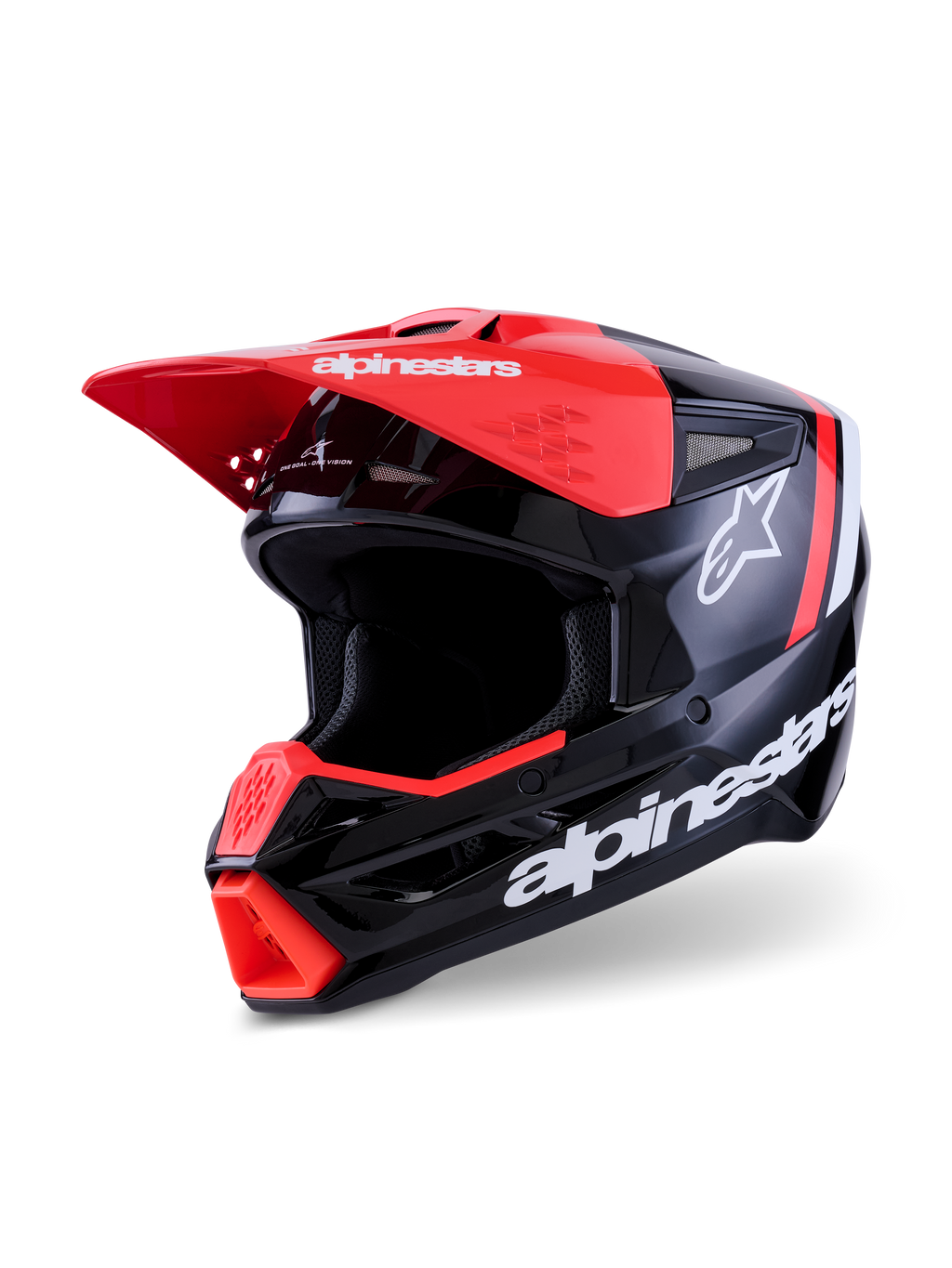 Alpinestars S-M3 Radium Helmet, kask motocrossowy, czarny, czerwony fluo i biały z połyskiem, wykończenie o wysokim połysku z wyraźnym białym napisem Alpinestars i logo gwiazdy, z jaskrawoczerwonym daszkiem i wlotem powietrza na szczęce, zaprojektowany do ochrony off-road
