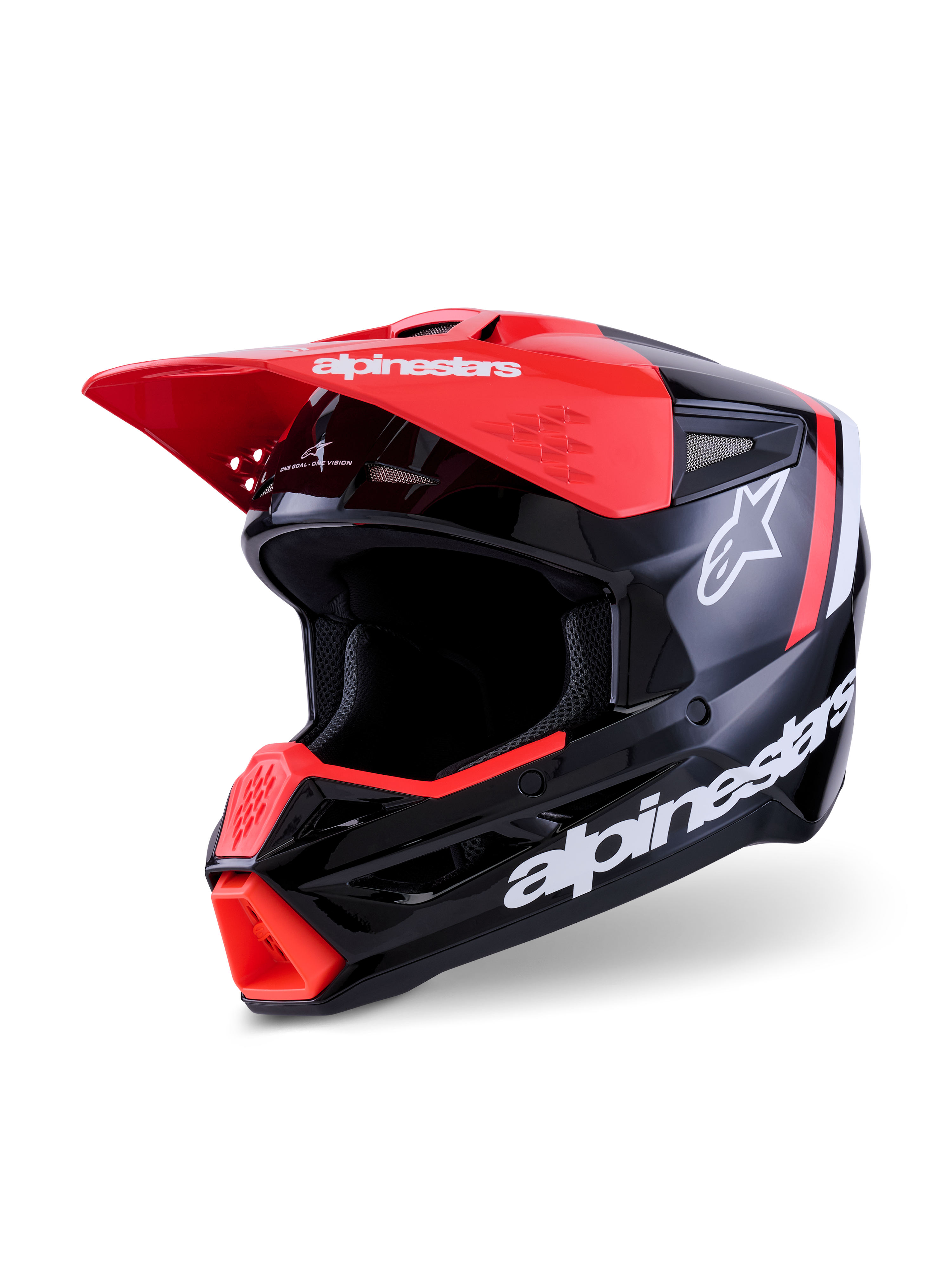 Alpinestars S-M3 Radium Helmet, kask motocrossowy, czarny, czerwony fluo i biały z połyskiem, wykończenie o wysokim połysku z wyraźnym białym napisem Alpinestars i logo gwiazdy, z jaskrawoczerwonym daszkiem i wlotem powietrza na szczęce, zaprojektowany do ochrony off-road