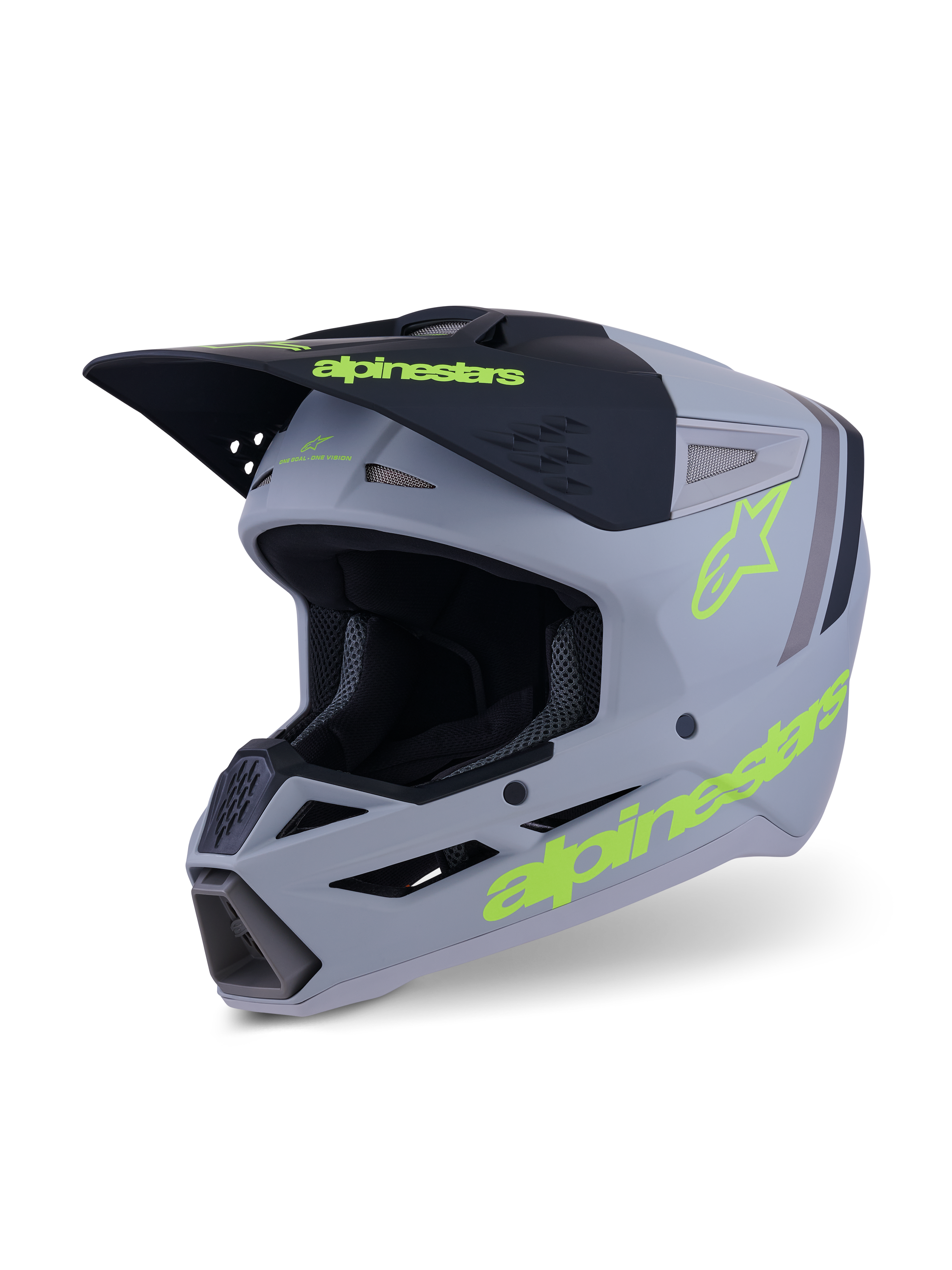 Kask Alpinestars S-M3 Radium, kask motocrossowy i enduro, szary, czarny i neonowo-żółty fluo matowy, widok pod kątem 3/4 pokazujący agresywny design skorupy, wentylowane wloty powietrza i wyraziste żółte logo