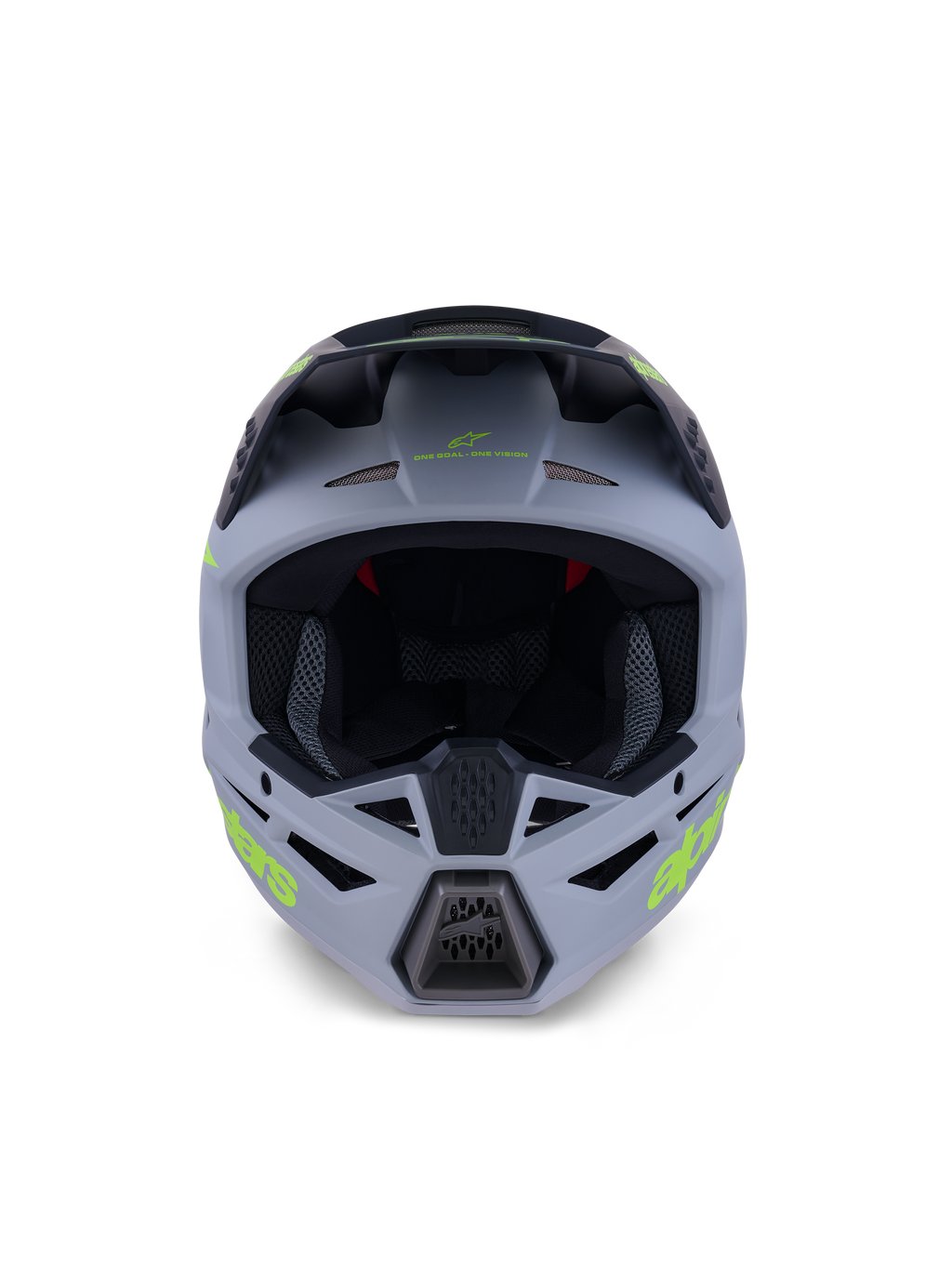 Kask Alpinestars S-M3 Radium, pełny kask motocrossowy, matowa zieleń i czerń z logotypami w kolorze żółtym fluo, widok z przodu eksponujący otwory wentylacyjne na brodzie i czole oraz duży otwór na gogle, profesjonalny sprzęt ochronny off-road.