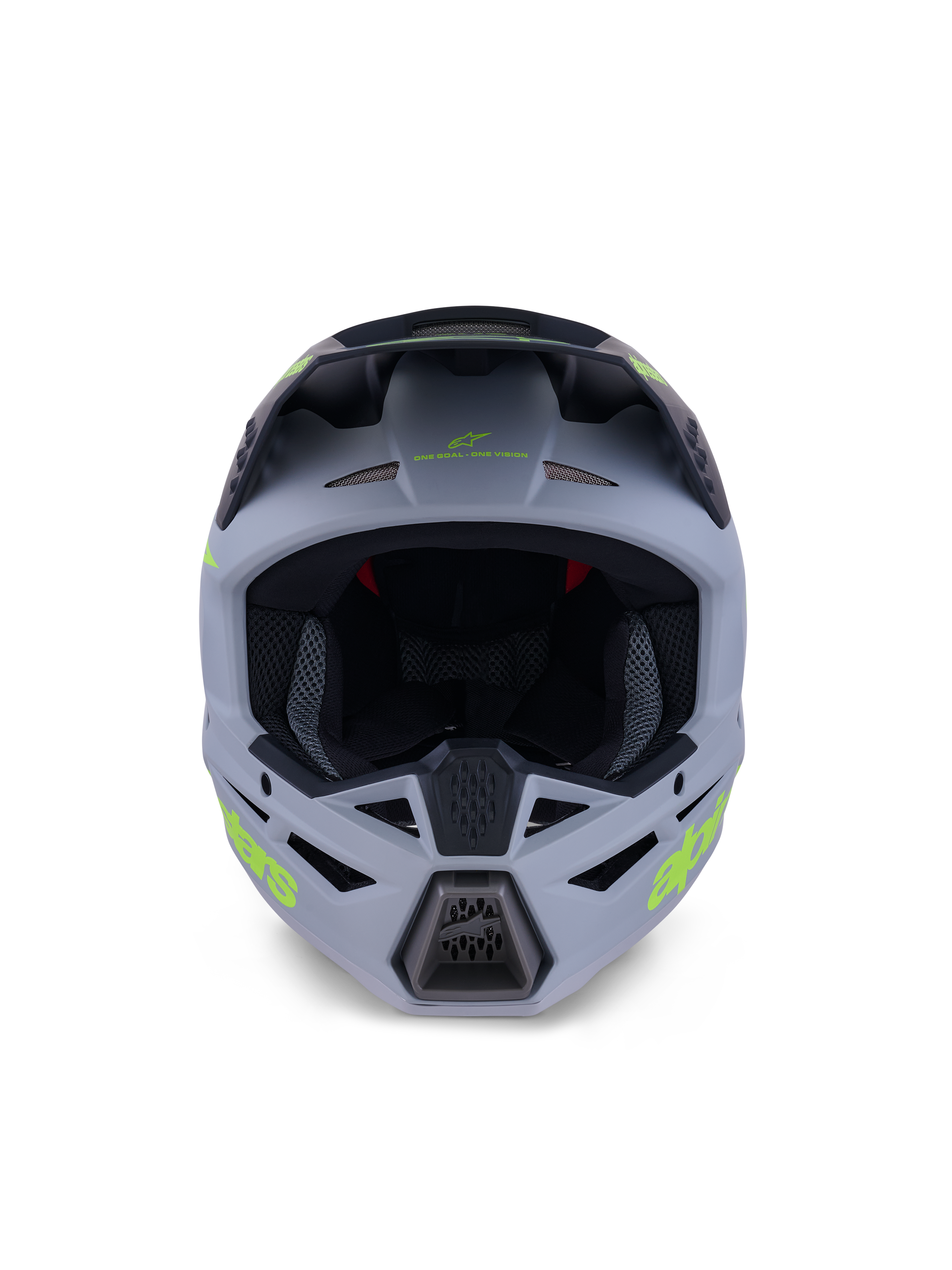 Kask Alpinestars S-M3 Radium, pełny kask motocrossowy, matowa zieleń i czerń z logotypami w kolorze żółtym fluo, widok z przodu eksponujący otwory wentylacyjne na brodzie i czole oraz duży otwór na gogle, profesjonalny sprzęt ochronny off-road.