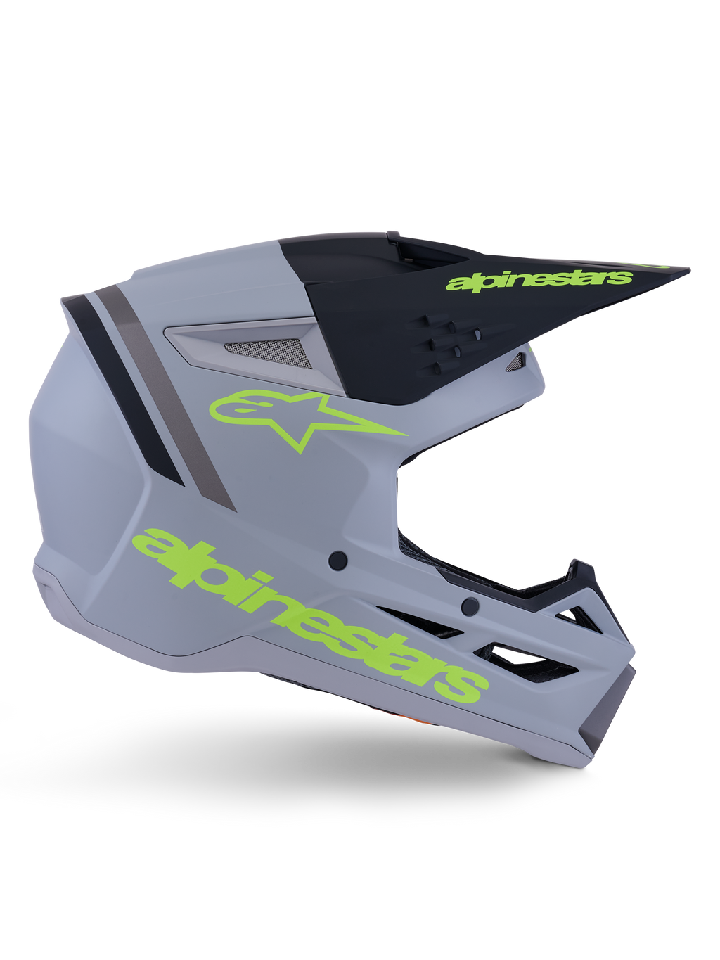 Kask Alpinestars S-M3 Radium ECE 22.06, kask motocrossowy, szary matowy, czarny i żółty fluo, kanciasty aerodynamiczny design z daszkiem i zintegrowanym systemem wentylacji