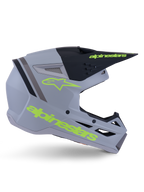 Kask Alpinestars S-M3 Radium ECE 22.06, kask motocrossowy, szary matowy, czarny i żółty fluo, kanciasty aerodynamiczny design z daszkiem i zintegrowanym systemem wentylacji