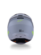 Kask Alpinestars S-M3 Radium, kask motocrossowy, zielony, czarny i żółty neonowy mat, widok z tyłu ukazujący matowe wykończenie skorupy, neonowożółte logo Alpinestars i szczegóły certyfikacji ECE 22.06