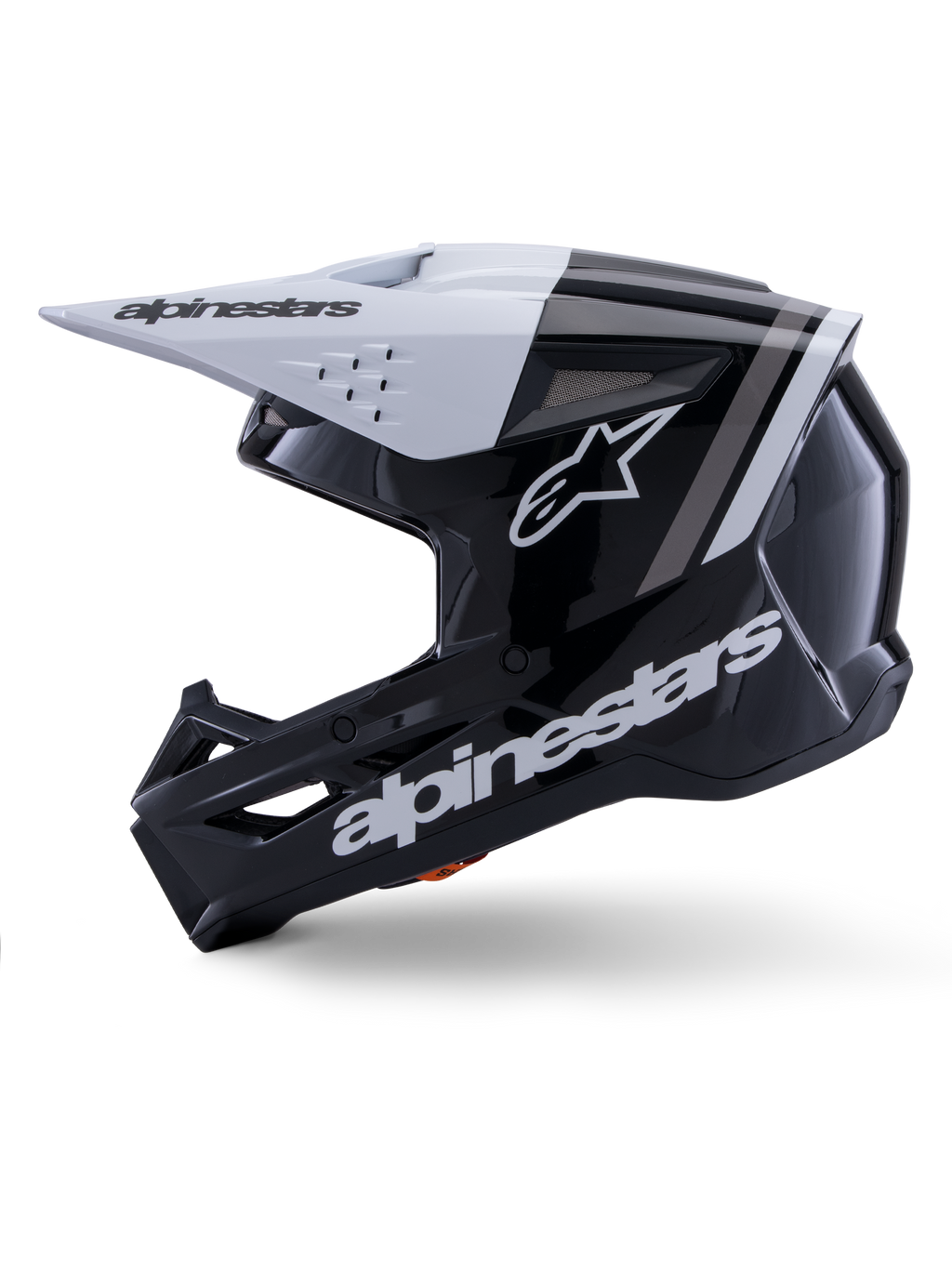 Alpinestars S-M3 Radium Helmet ECE 22.06, widok z profilu, błyszczące czarno-białe wykończenie, szare paski wyścigowe, białe logo Alpinestars z boku i na szczęce, wentylowana konstrukcja do motocrossu i enduro