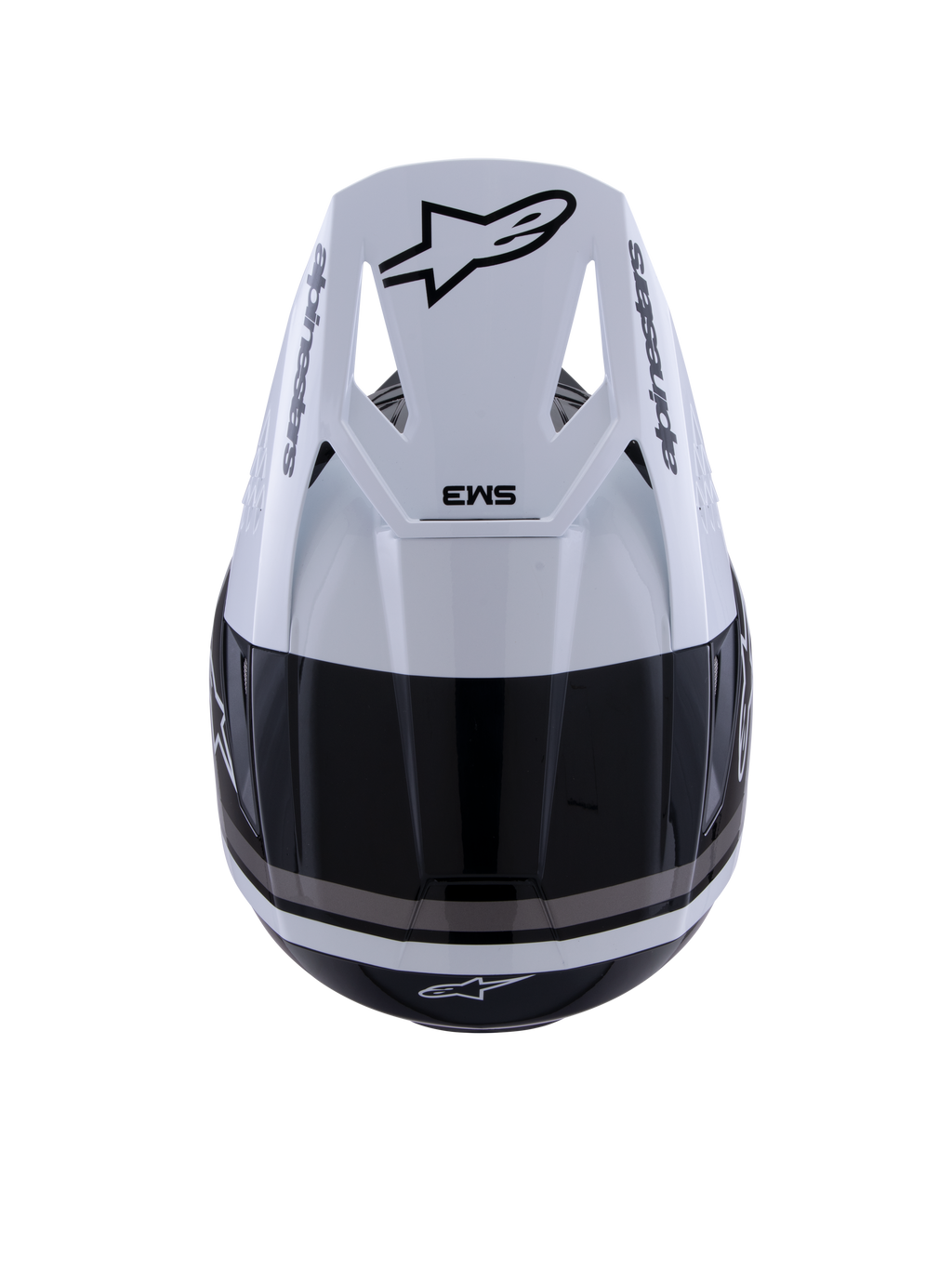 Alpinestars S-M3 Radium Helmet, kask motocrossowy, czarno-biało-szary błyszczący, widok z góry przedstawiający biały daszek z czarnym logo Astar i oznaczeniem SM3, eleganckie błyszczące wykończenie z otworami wentylacyjnymi, wysokiej klasy ochrona głowy off-road