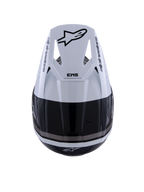 Alpinestars S-M3 Radium Helmet, kask motocrossowy, czarno-biało-szary błyszczący, widok z góry przedstawiający biały daszek z czarnym logo Astar i oznaczeniem SM3, eleganckie błyszczące wykończenie z otworami wentylacyjnymi, wysokiej klasy ochrona głowy off-road