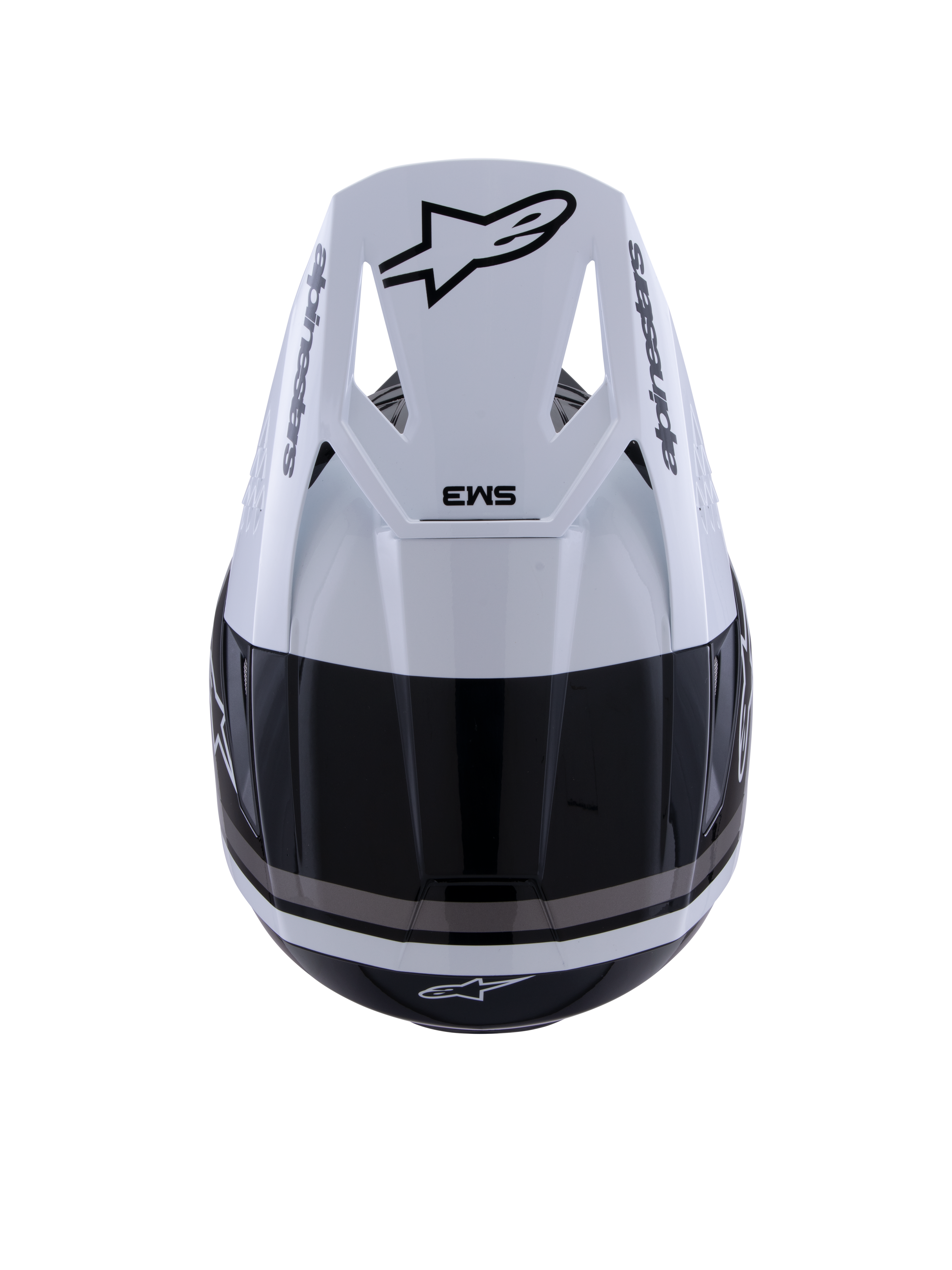 Alpinestars S-M3 Radium Helmet, kask motocrossowy, czarno-biało-szary błyszczący, widok z góry przedstawiający biały daszek z czarnym logo Astar i oznaczeniem SM3, eleganckie błyszczące wykończenie z otworami wentylacyjnymi, wysokiej klasy ochrona głowy off-road