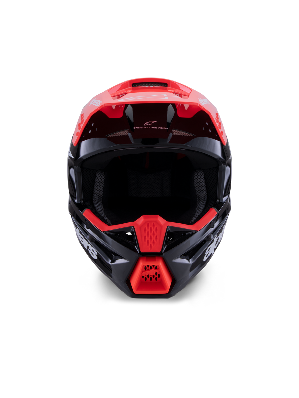 Alpinestars S-M3 Radium Helmet ECE 22.06, kask motocrossowy, błyszczący czarny z fluorescencyjnymi czerwonymi i białymi akcentami, widok z przodu ukazujący aerodynamiczną skorupę, zintegrowany wizjer oraz ochronną szczękę z wyraźnym logo Alpinestars.