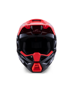 Alpinestars S-M3 Radium Helmet ECE 22.06, kask motocrossowy, błyszczący czarny z fluorescencyjnymi czerwonymi i białymi akcentami, widok z przodu ukazujący aerodynamiczną skorupę, zintegrowany wizjer oraz ochronną szczękę z wyraźnym logo Alpinestars.