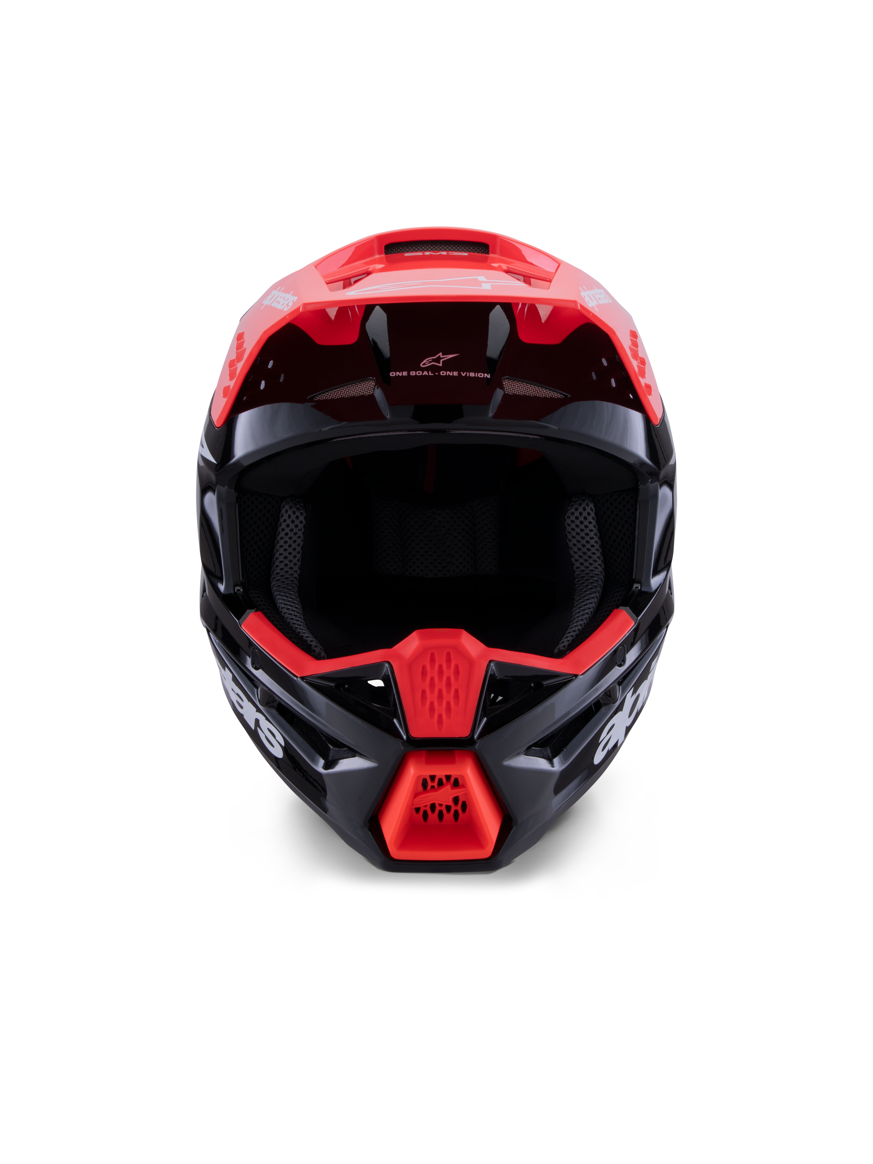 Alpinestars S-M3 Radium Helmet ECE 22.06, kask motocrossowy, błyszczący czarny z fluorescencyjnymi czerwonymi i białymi akcentami, widok z przodu ukazujący aerodynamiczną skorupę, zintegrowany wizjer oraz ochronną szczękę z wyraźnym logo Alpinestars.