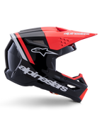 Kask Alpinestars S-M3 Radium, kask motocrossowy, czarny, czerwony fluo i biały błyszczący, o aerodynamicznym designie z kanciastym daszkiem, otworami wentylacyjnymi i błyszczącym wykończeniem, profesjonalna ochrona sportów motorowych