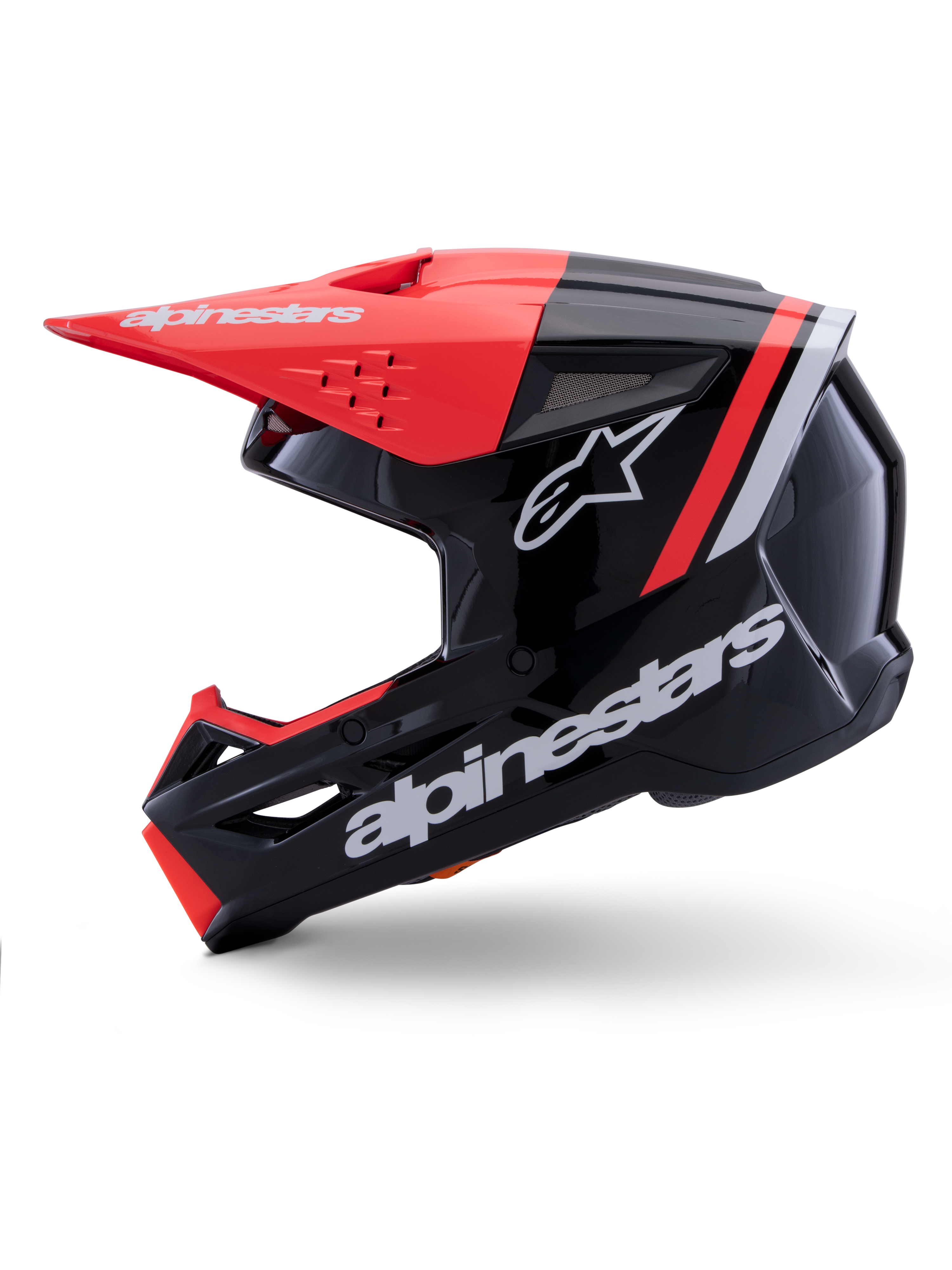 Kask Alpinestars S-M3 Radium, kask motocrossowy, czarny, czerwony fluo i biały z połyskiem, widok z profilu, duże białe logo Alpinestars i gwiazdy, daszek i akcenty na szczęce w kolorze czerwonym fluo, błyszczące wykończenie, zaprojektowany do jazdy MX i Enduro.
