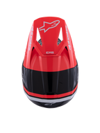 Kask Alpinestars S-M3 Radium, kask motocrossowy, czarny, czerwony fluo i biały połysk, widok z góry z daszkiem w kolorze czerwonym fluo z białym logo Alpinestars i smukłą aerodynamiczną konstrukcją