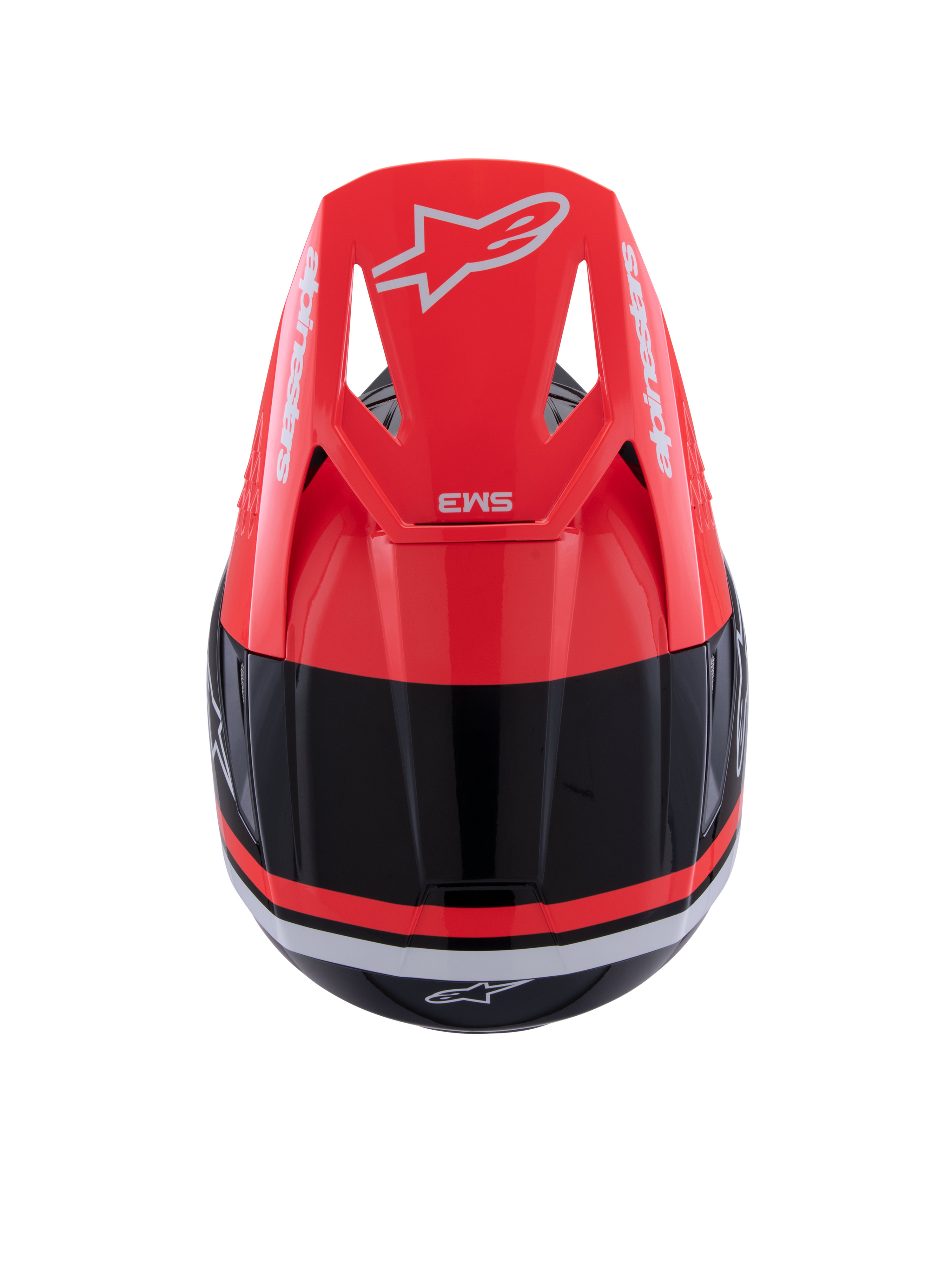Kask Alpinestars S-M3 Radium, kask motocrossowy, czarny, czerwony fluo i biały połysk, widok z góry z daszkiem w kolorze czerwonym fluo z białym logo Alpinestars i smukłą aerodynamiczną konstrukcją