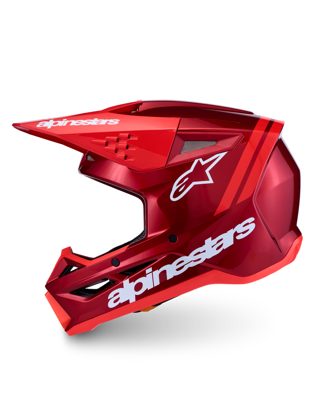 Alpinestars SM3 Radium ECE06, czerwony i biały kask motocrossowy off-road, certyfikat ECE 22.06, widok z profilu.