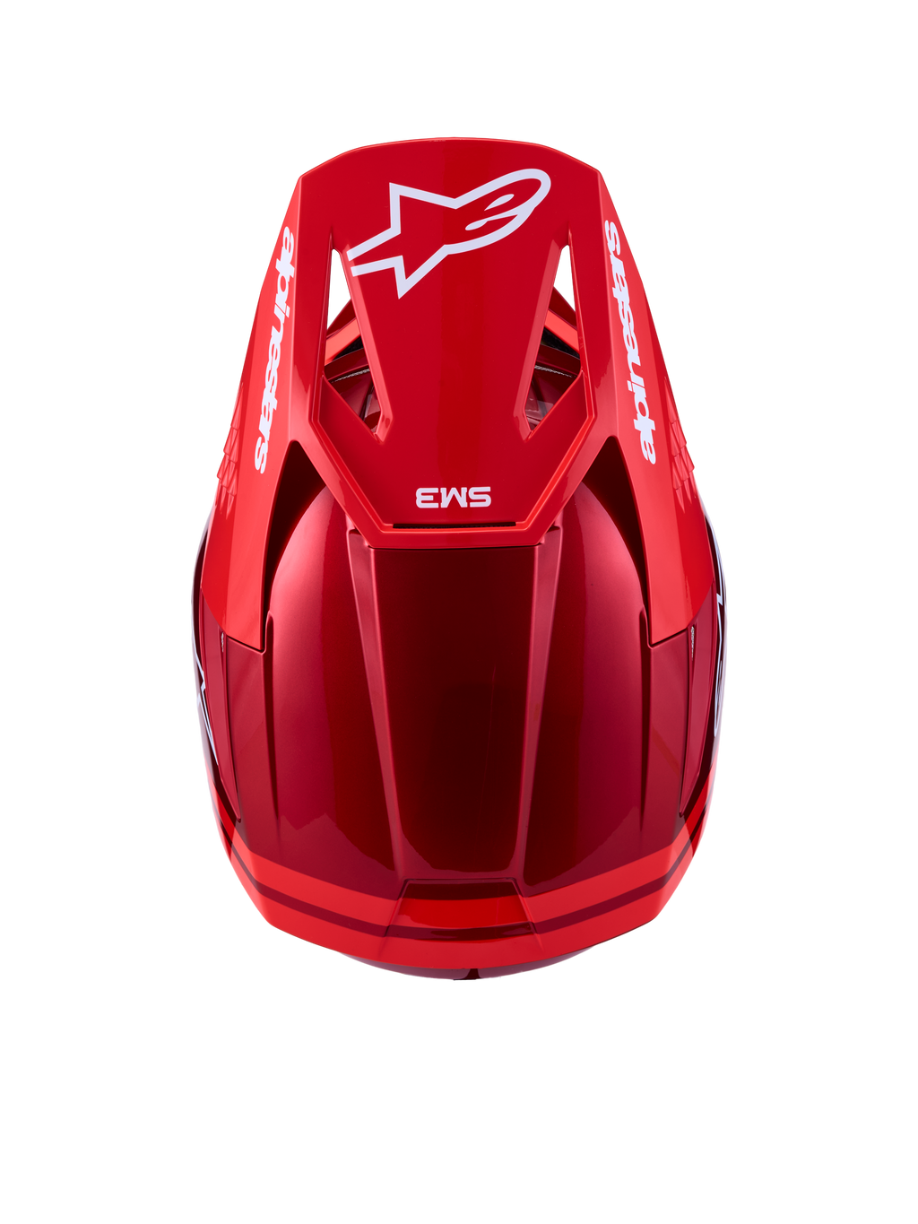 Alpinestars SM3 Radium ECE06, kask motocrossowy, czerwony i biały, certyfikat ECE, widok z góry na wizjer z logo Astars.