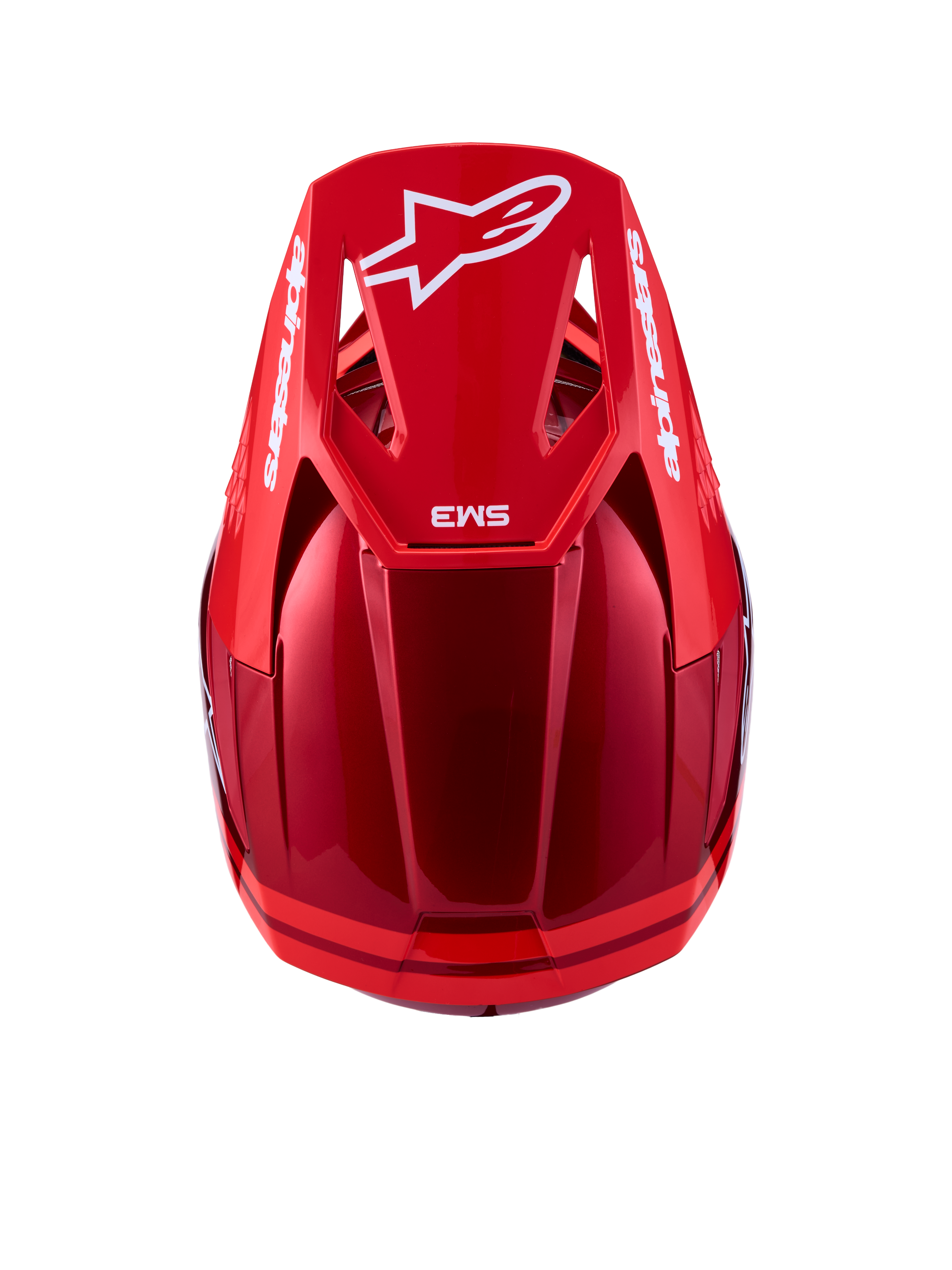 Alpinestars SM3 Radium ECE06, kask motocrossowy, czerwony i biały, certyfikat ECE, widok z góry na wizjer z logo Astars.