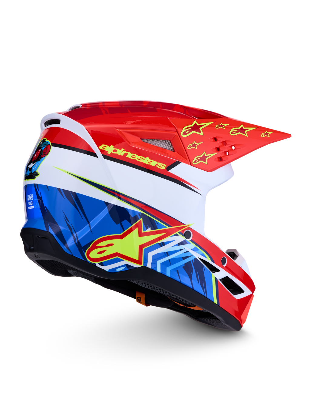 Kask Alpinestars SM3 Falcon ECE06, czerwono-niebieski kask motocrossowy z żółtymi gwiazdami i certyfikatem ECE 2206.
