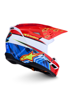 Kask Alpinestars SM3 Falcon ECE06, czerwono-niebieski kask motocrossowy z żółtymi gwiazdami i certyfikatem ECE 2206.