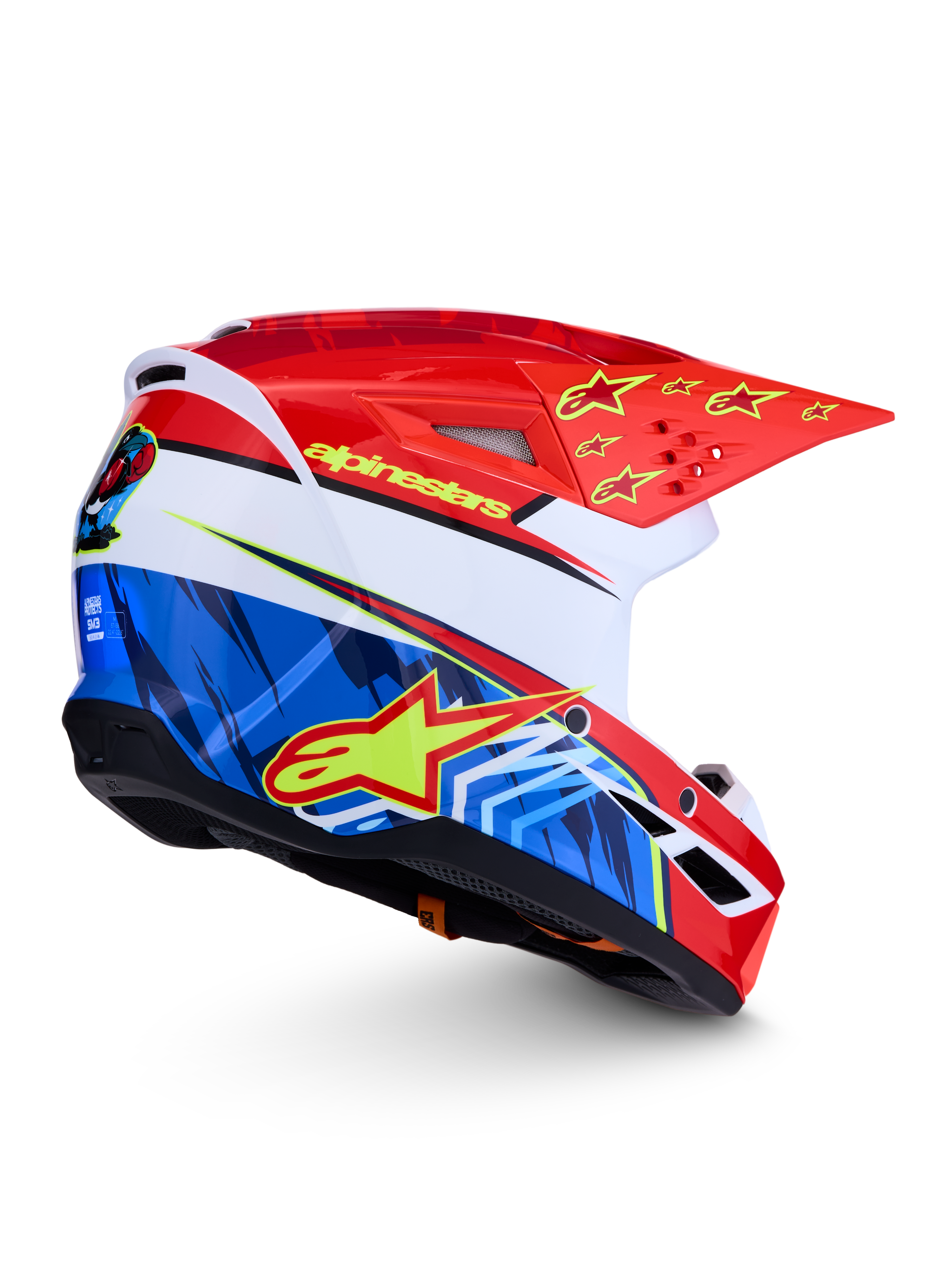 Kask Alpinestars SM3 Falcon ECE06, czerwono-niebieski kask motocrossowy z żółtymi gwiazdami i certyfikatem ECE 2206.