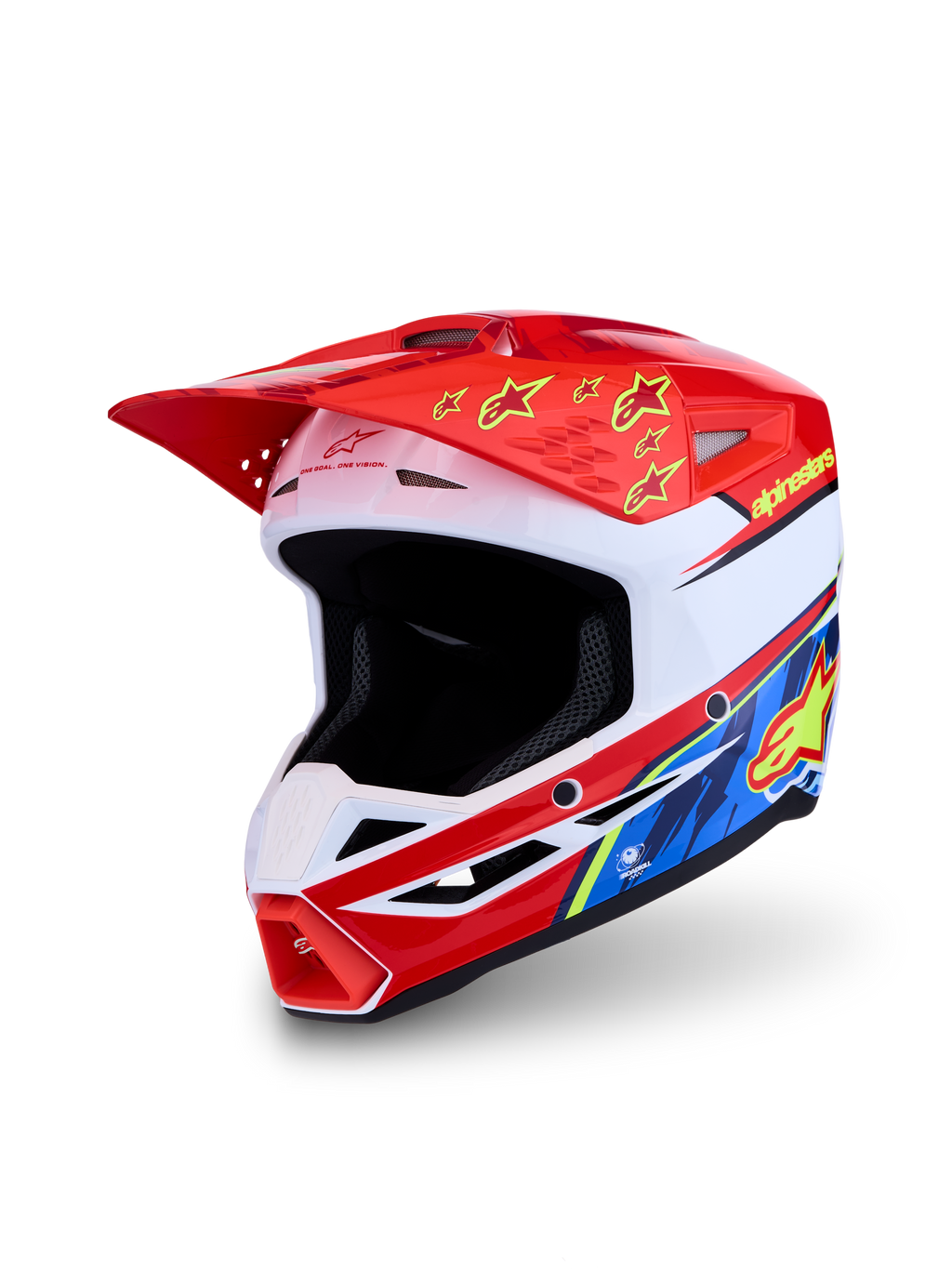 Alpinestars Kask SM3 Falcon ECE06, kask motocrossowy off-road, biało-czerwony z niebiesko-żółtą grafiką, norma ECE 2206